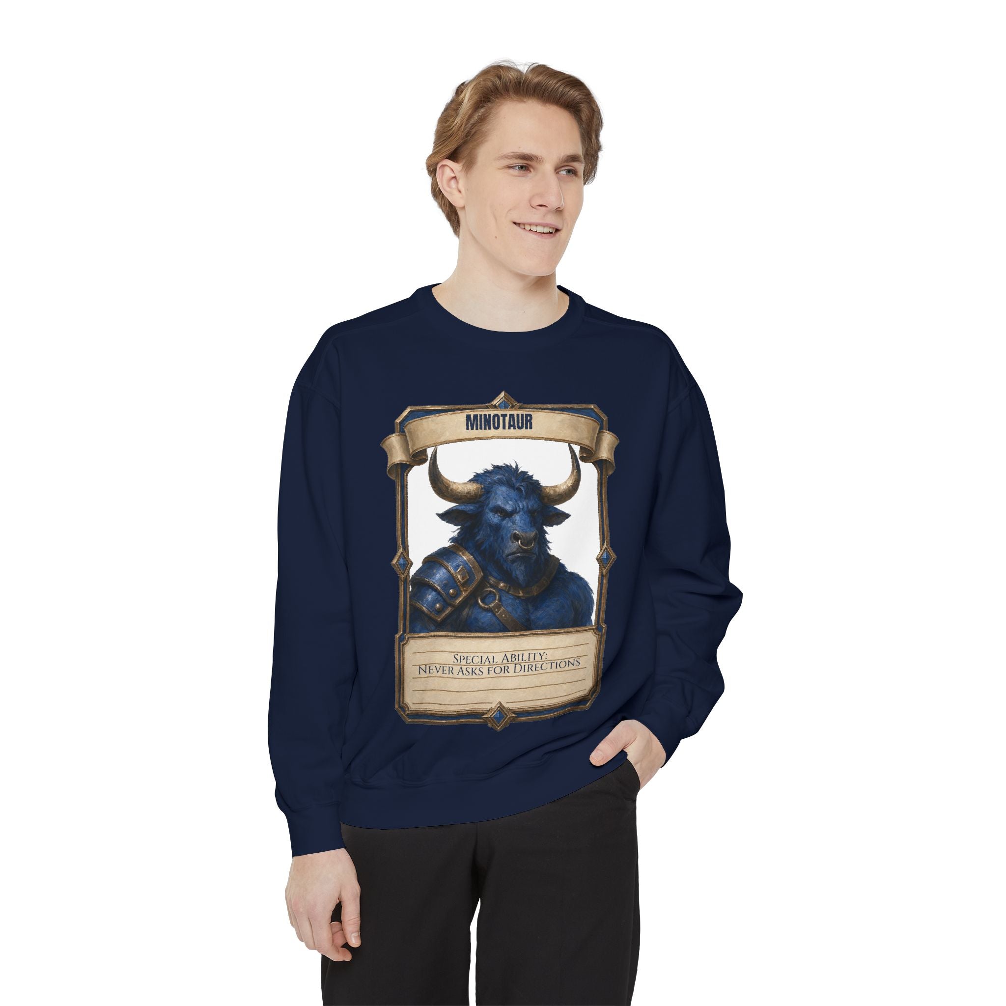 Minotaur Never Asks for Directions Shirt, Funny RPG Stat Card Tee, Tabletop Gamer D20 Gift, Fantasy Dungeon Sweatshirt
