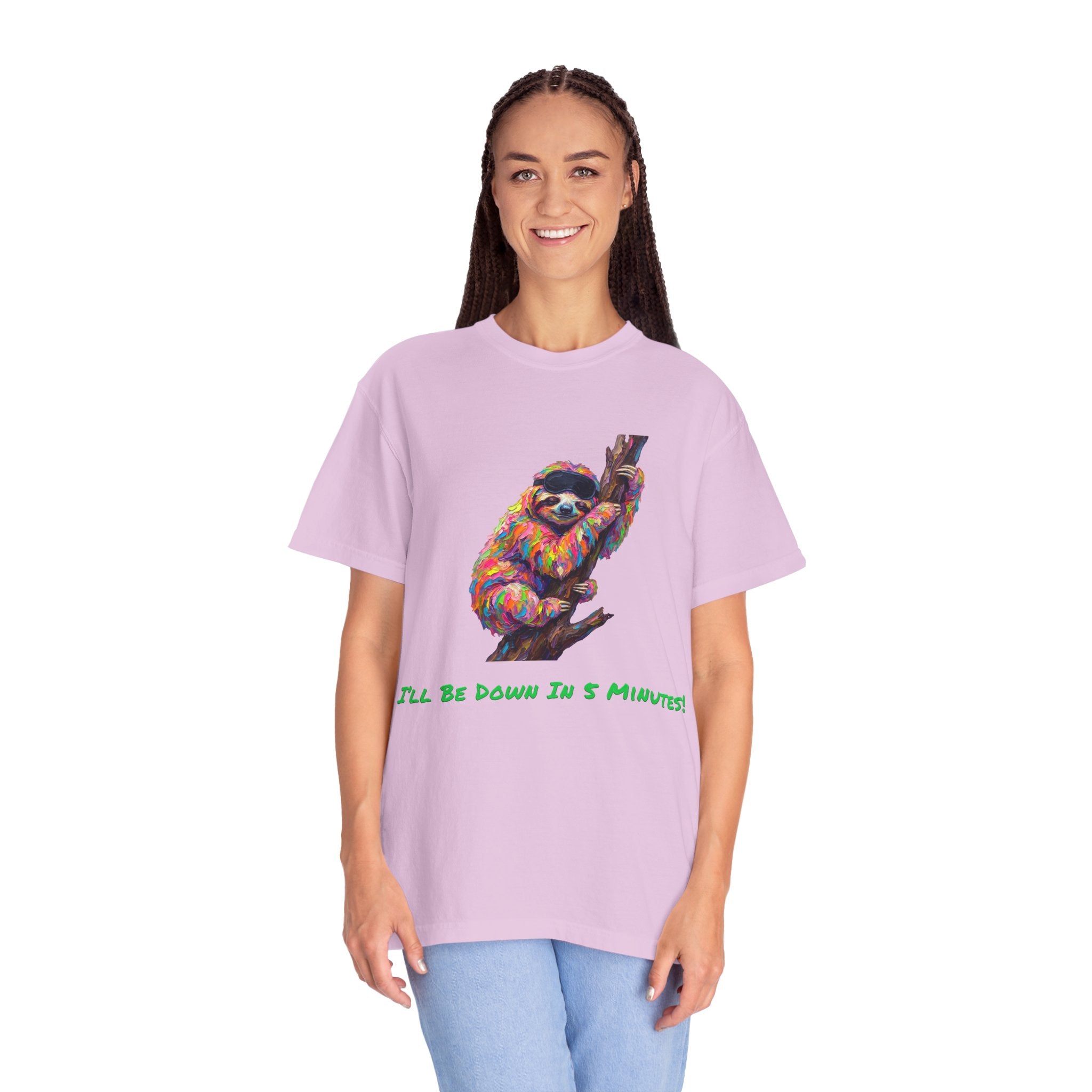 Sloth T-Shirt — I'll Be Down in 5 Minutes, Funny Lazy Tee