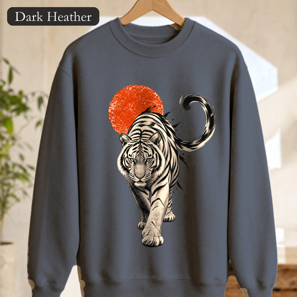 White Tiger with Red Sun Sweatshirt, Japanese Woodblock Tiger Crewneck, Red Sun Graphic Gift, Asian Art Sweatshirt