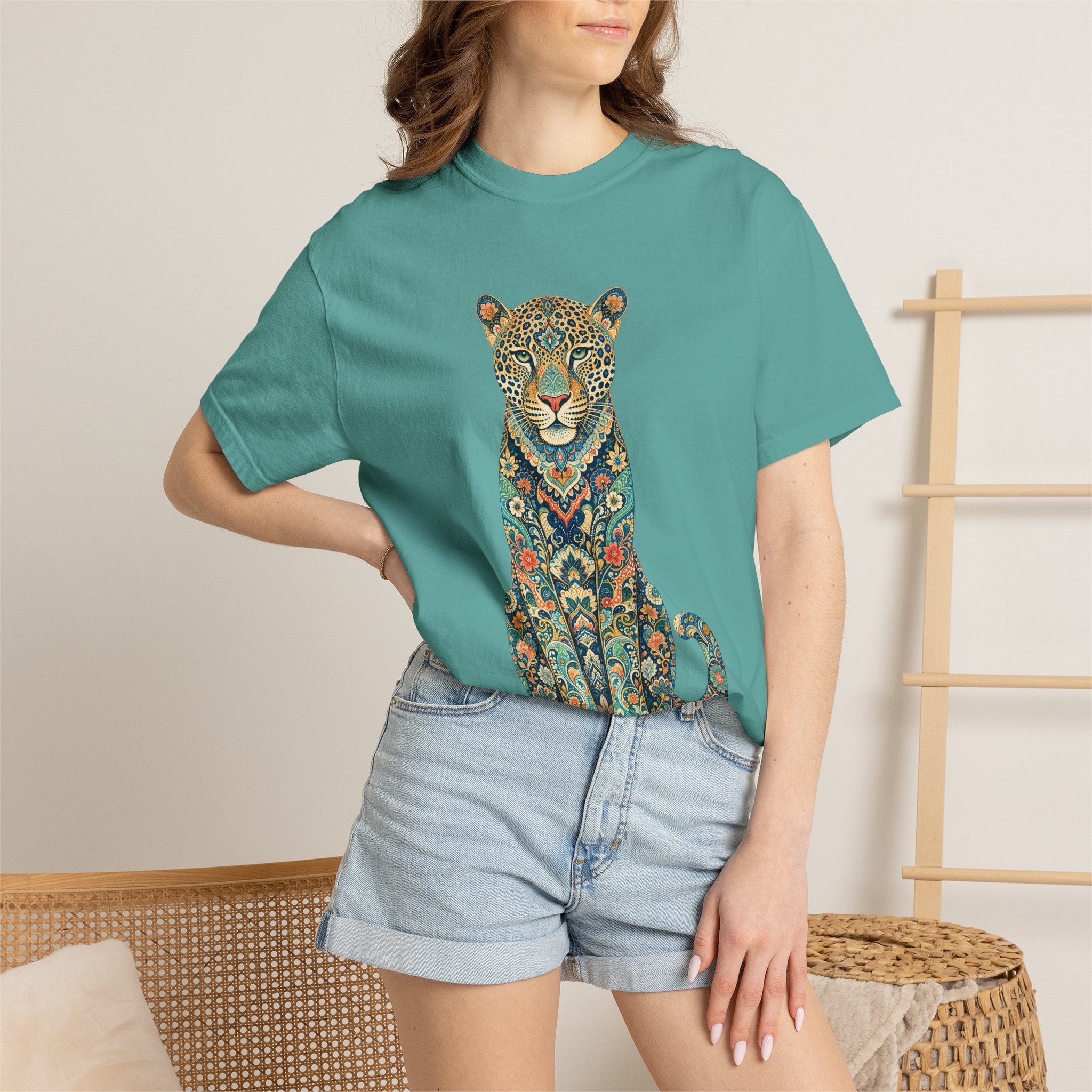 Boho Leopard Shirt, Folk Art Leopard Tee, Japanese Pattern Big Cat Lover Gift, Vintage Floral Leopard Sweatshirt
