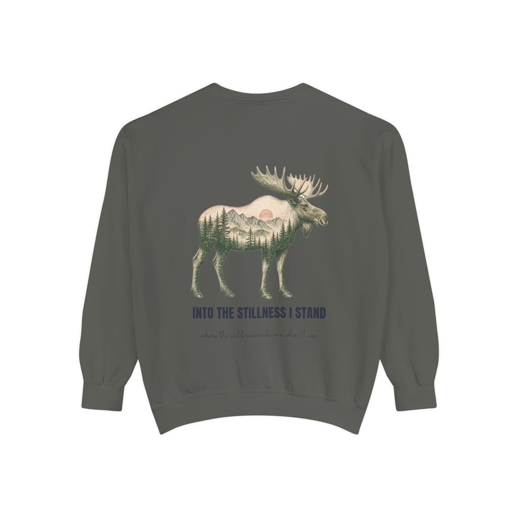 Into the Stillness I Stand Shirt, Moose Double Exposure Tee, Mountain Wilderness Camping Gift, Woodland Nature Sweatshirt