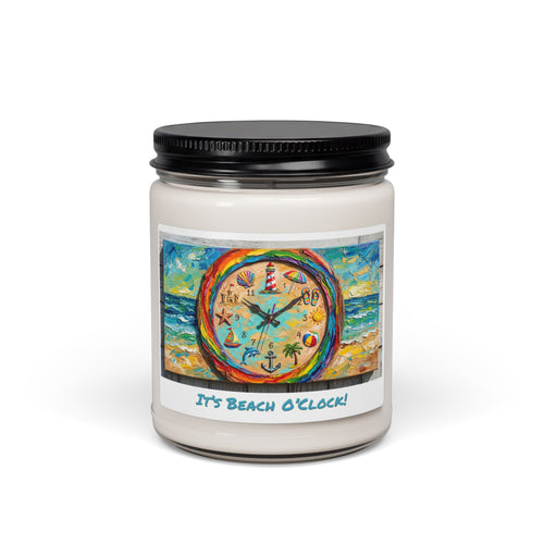 9 oz soy candle with dreamy coastal beach clock label artwork