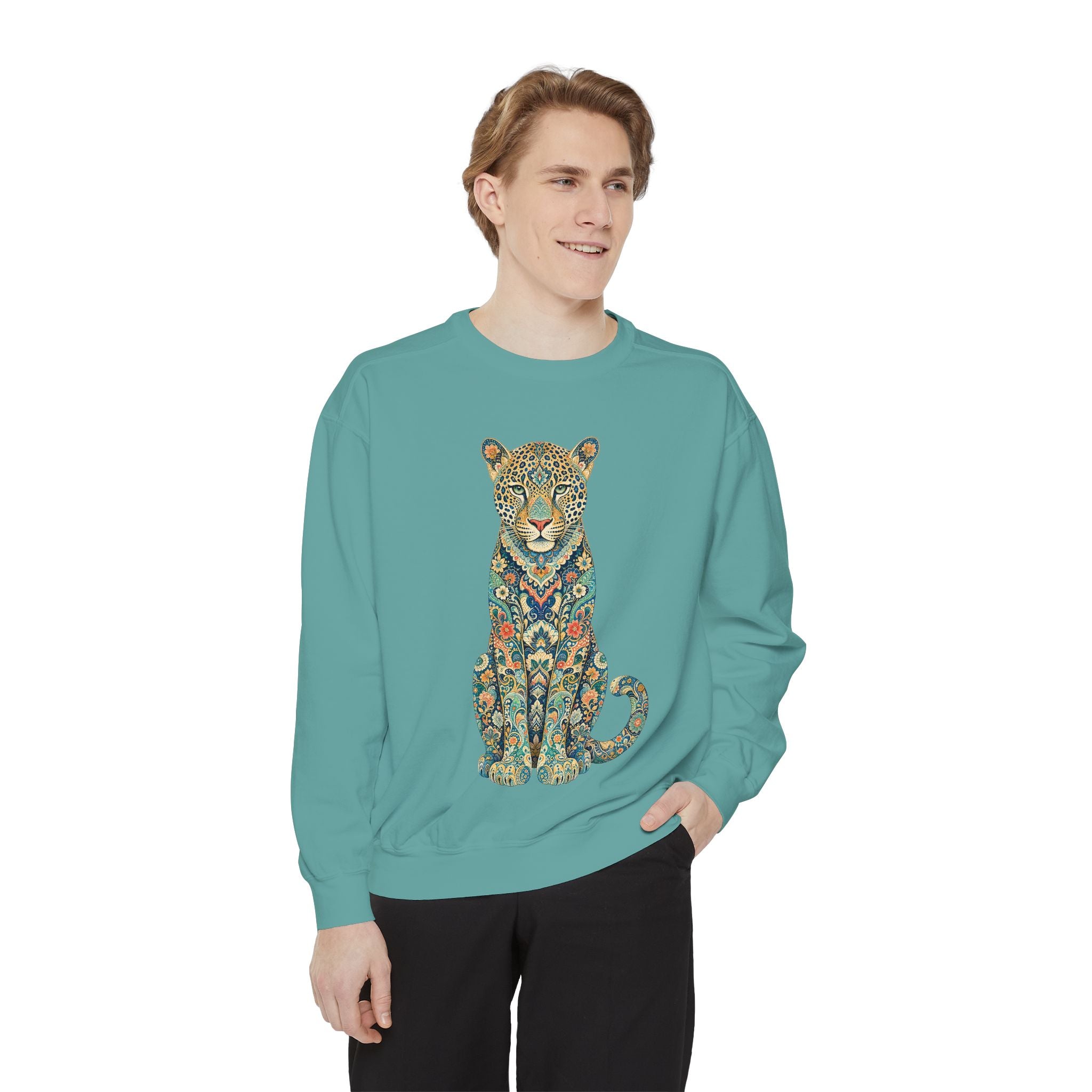 Boho Leopard Shirt, Folk Art Leopard Tee, Japanese Pattern Big Cat Lover Gift, Vintage Floral Leopard Sweatshirt