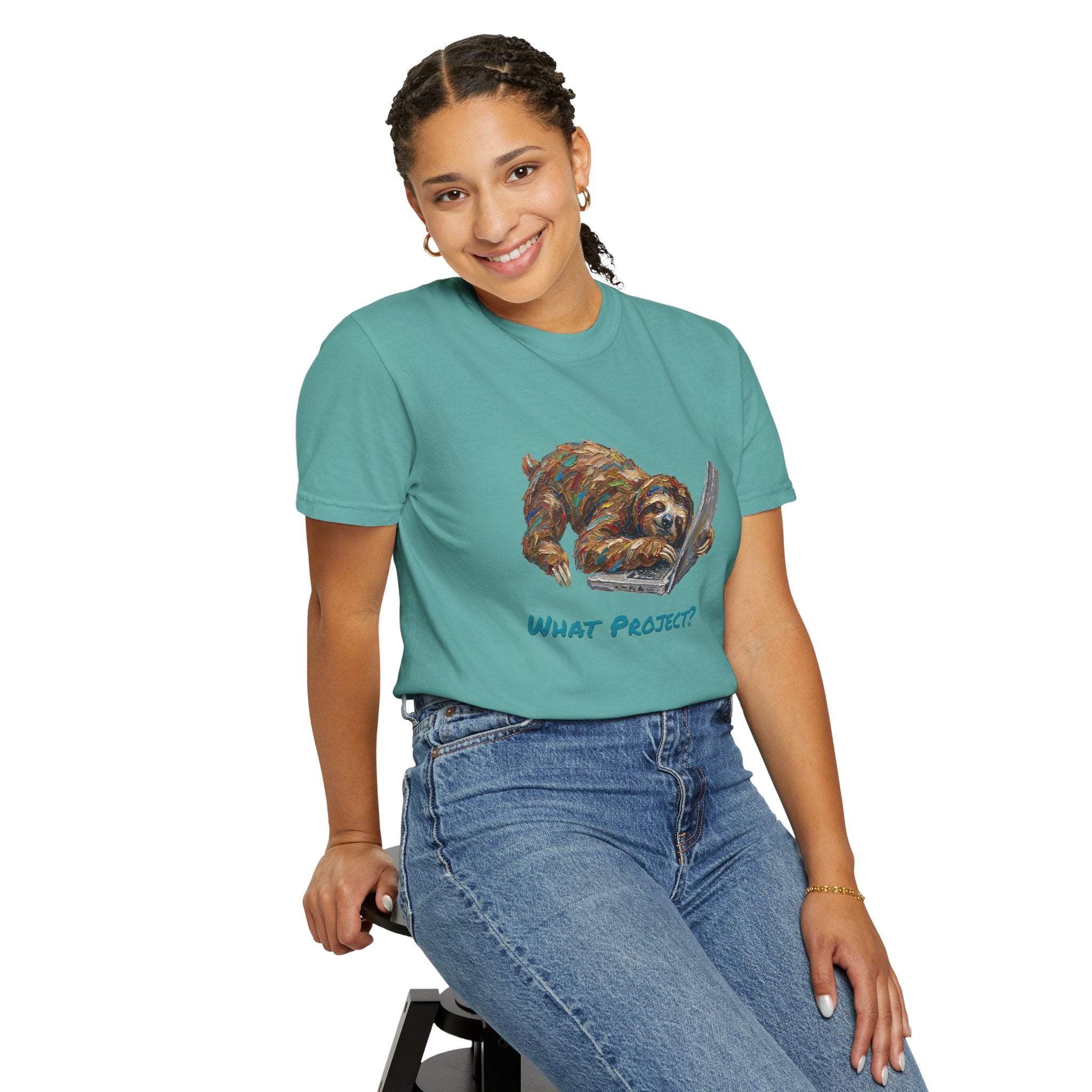 Sloth With Laptop T-Shirt — What Project? Funny Procrastination Tee