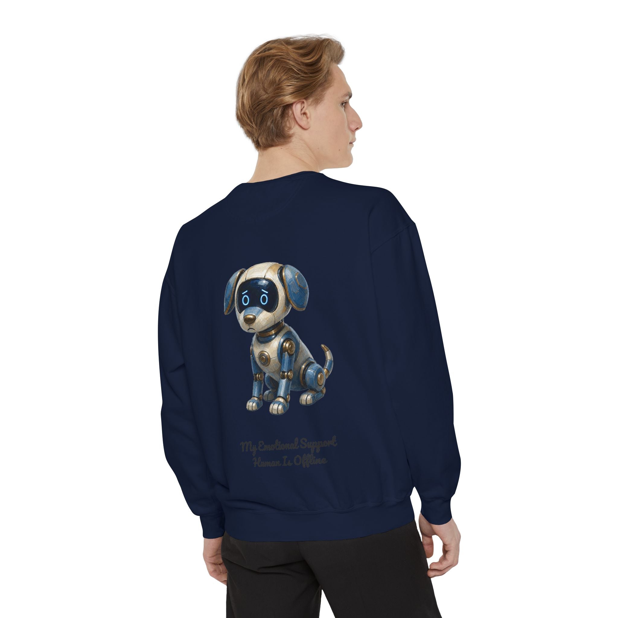 Robot Dog Emotional Support Human Offline Shirt, Funny AI Dog Tee, Tech Programmer Gift, Sci-Fi Humor Sweatshirt