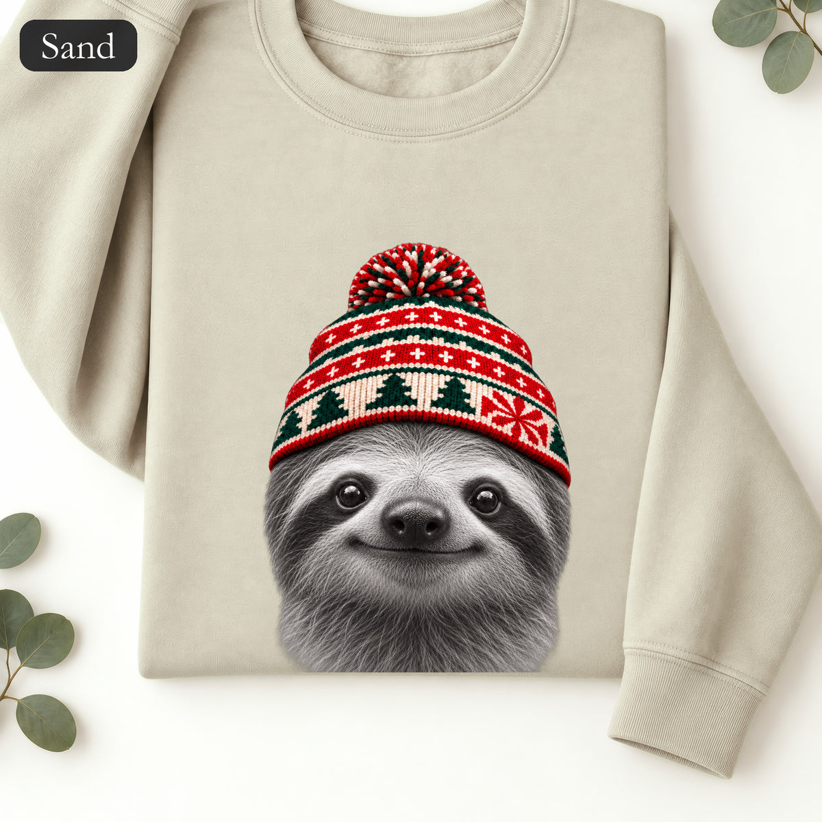 Sloth Wearing Christmas Knit Beanie | Cozy Winter Animal Crewneck