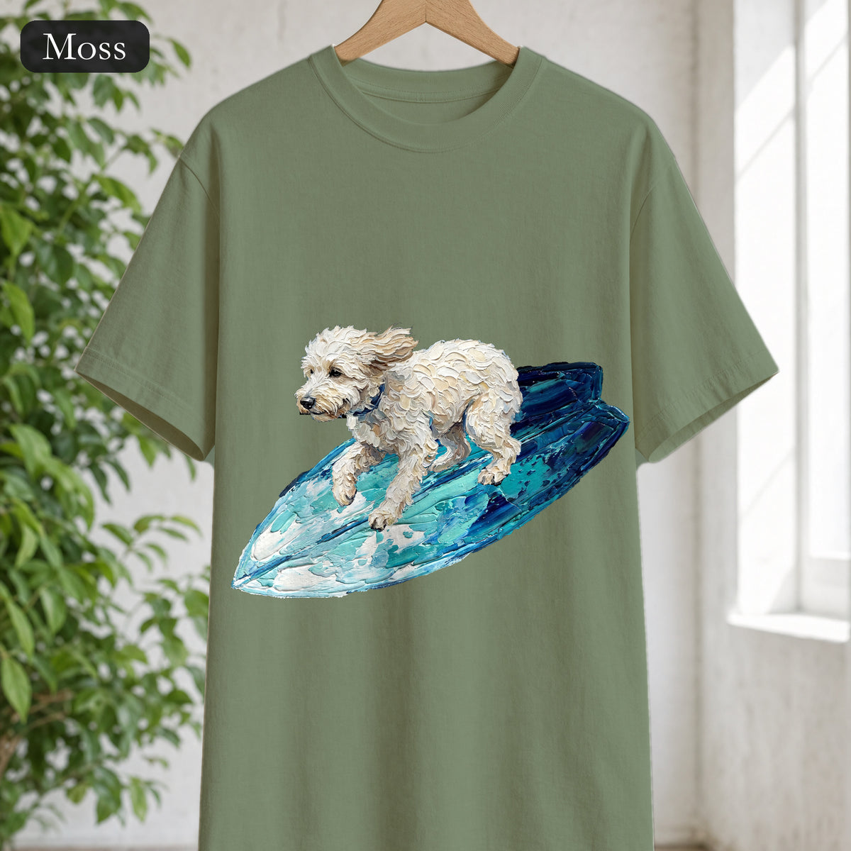 Surfing Dog Shirt, Painterly Surf Dog Tee, Beach Coastal Dog Lover Gift, Summer Ocean Dog Mom Sweatshirt