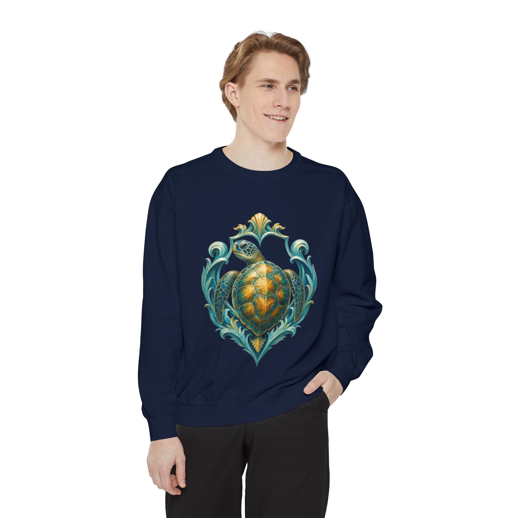 Sea Turtle Long Sleeve Sun Shirt, Painterly Turtle Crest Swim Tee, Beach Ocean Lover Gift, Coastal Swim Sweatshirt