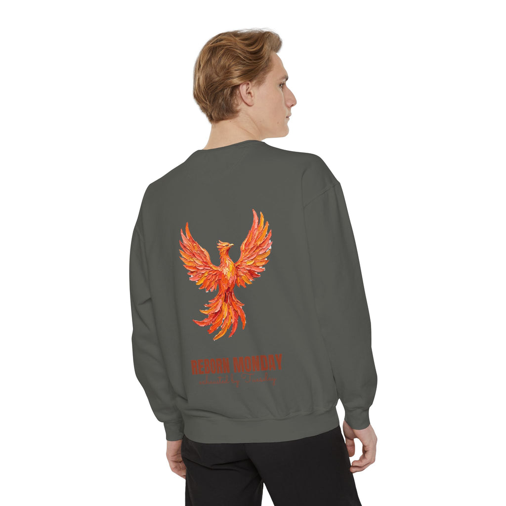 Reborn Monday Exhausted by Tuesday Shirt, Funny Phoenix Tee, Work Week Humor Gift, Painterly Fantasy Sweatshirt