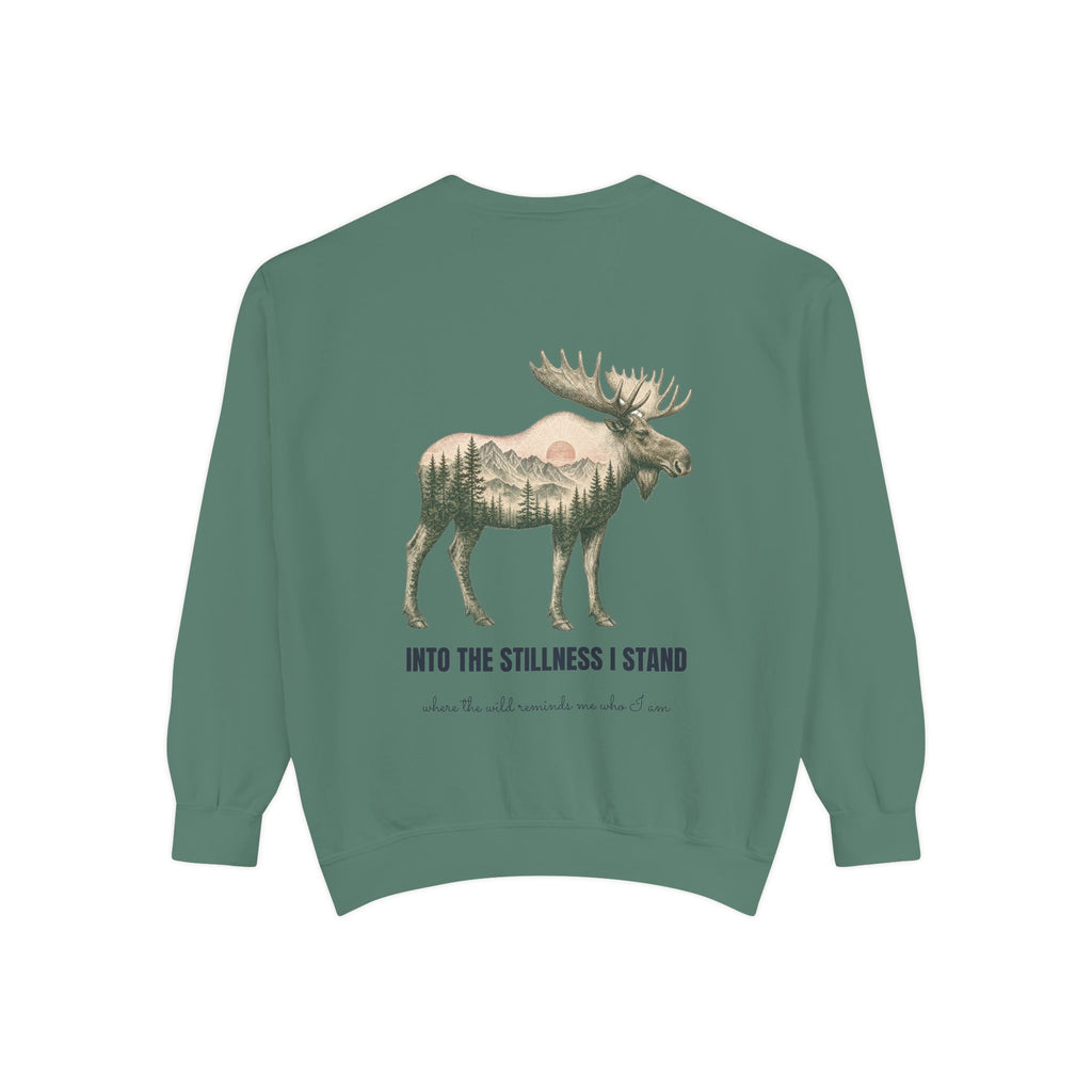 Into the Stillness I Stand Shirt, Moose Double Exposure Tee, Mountain Wilderness Camping Gift, Woodland Nature Sweatshirt