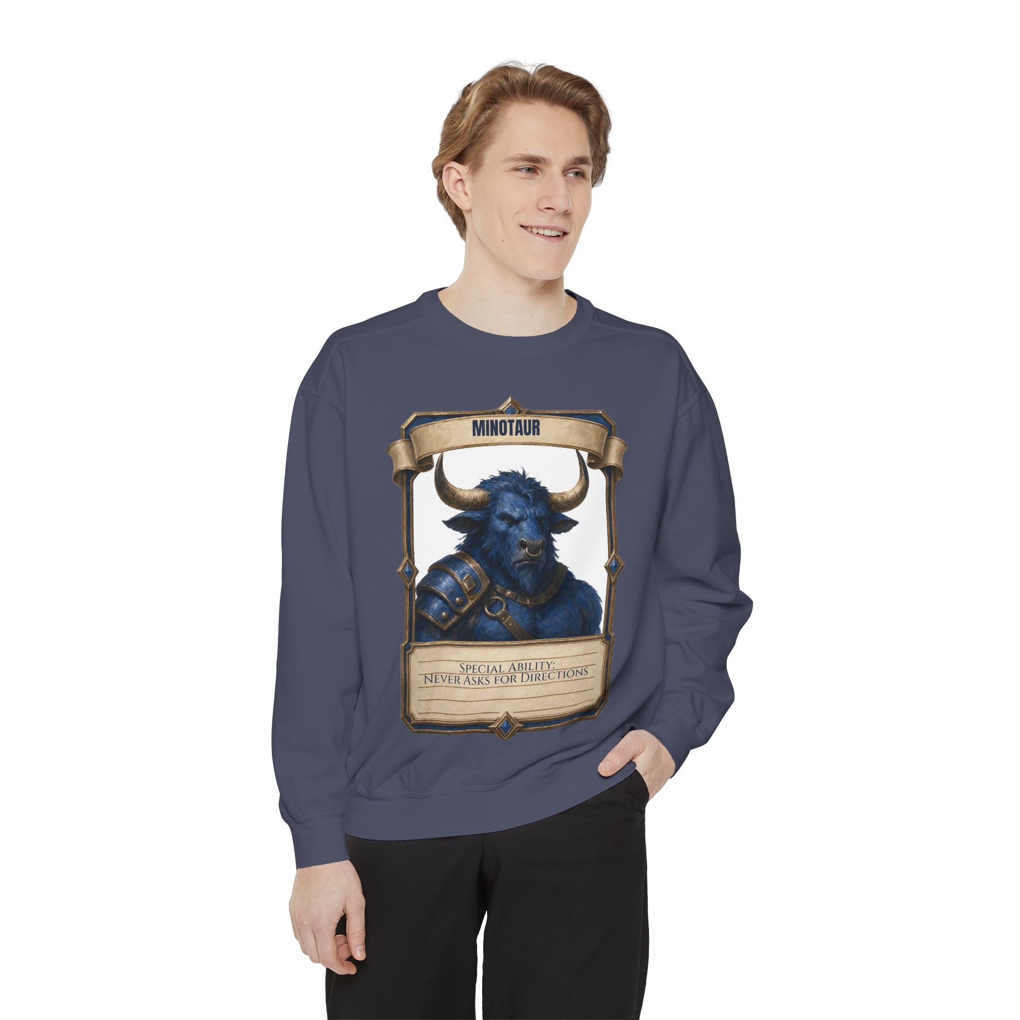 Minotaur Never Asks for Directions Shirt, Funny RPG Stat Card Tee, Tabletop Gamer D20 Gift, Fantasy Dungeon Sweatshirt