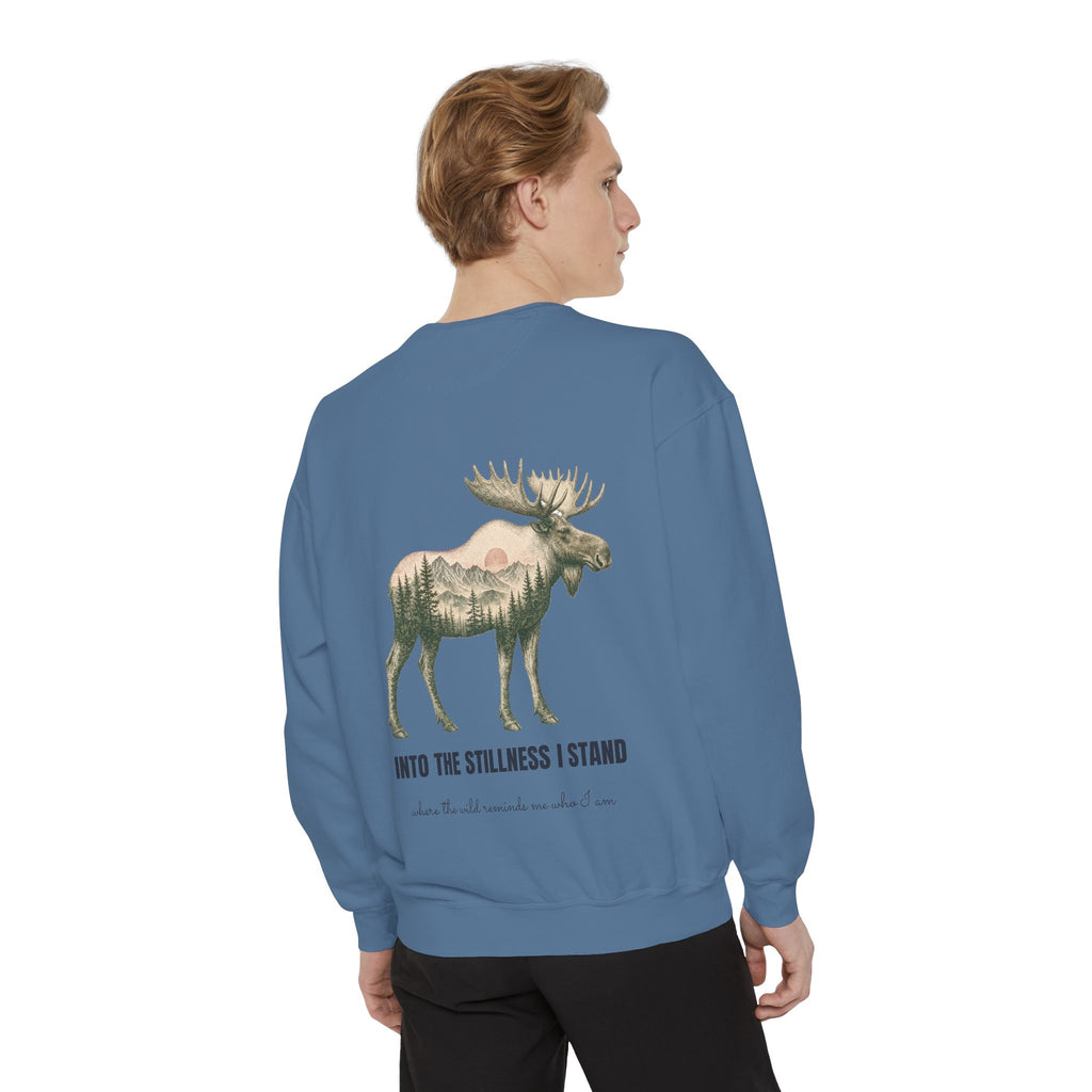 Into the Stillness I Stand Shirt, Moose Double Exposure Tee, Mountain Wilderness Camping Gift, Woodland Nature Sweatshirt