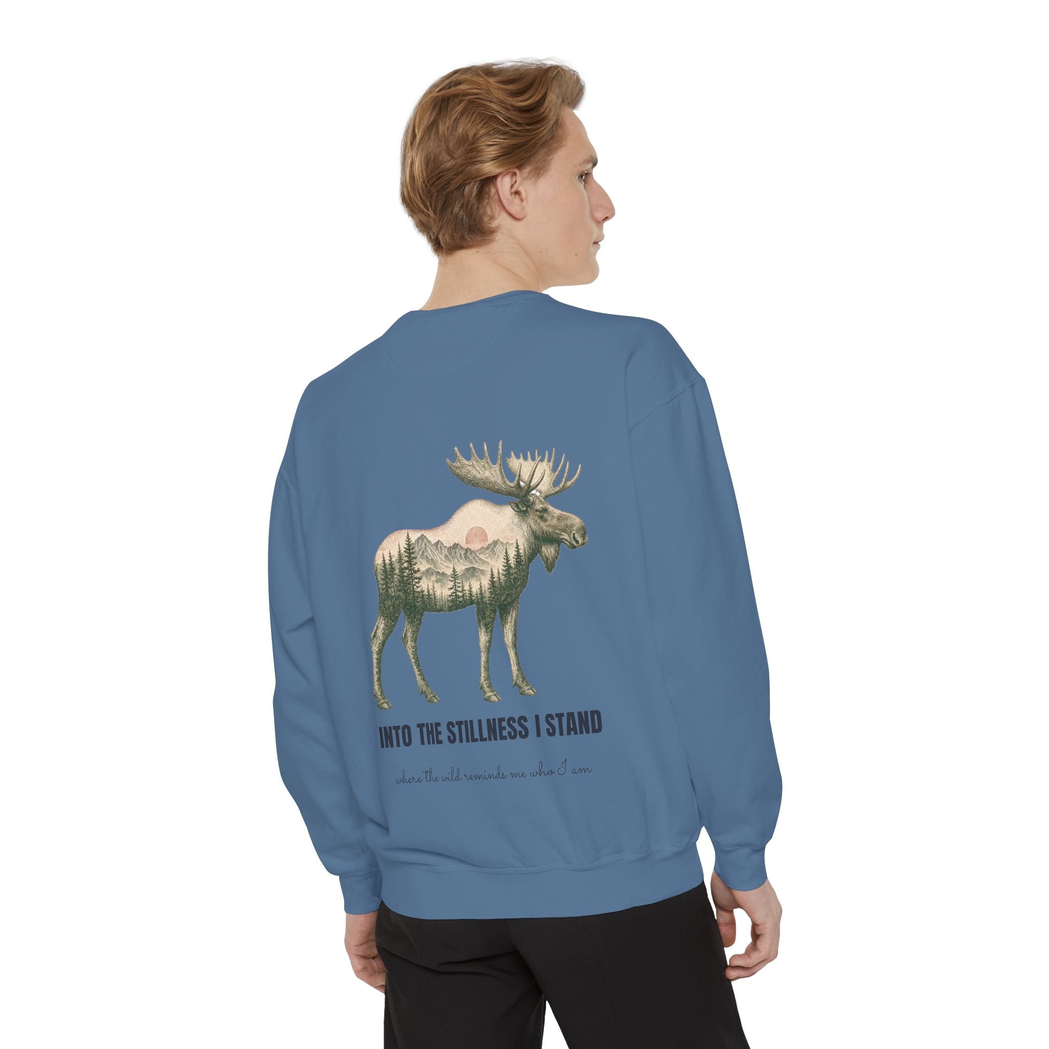 Into the Stillness I Stand Shirt, Moose Double Exposure Tee, Mountain Wilderness Camping Gift, Woodland Nature Sweatshirt