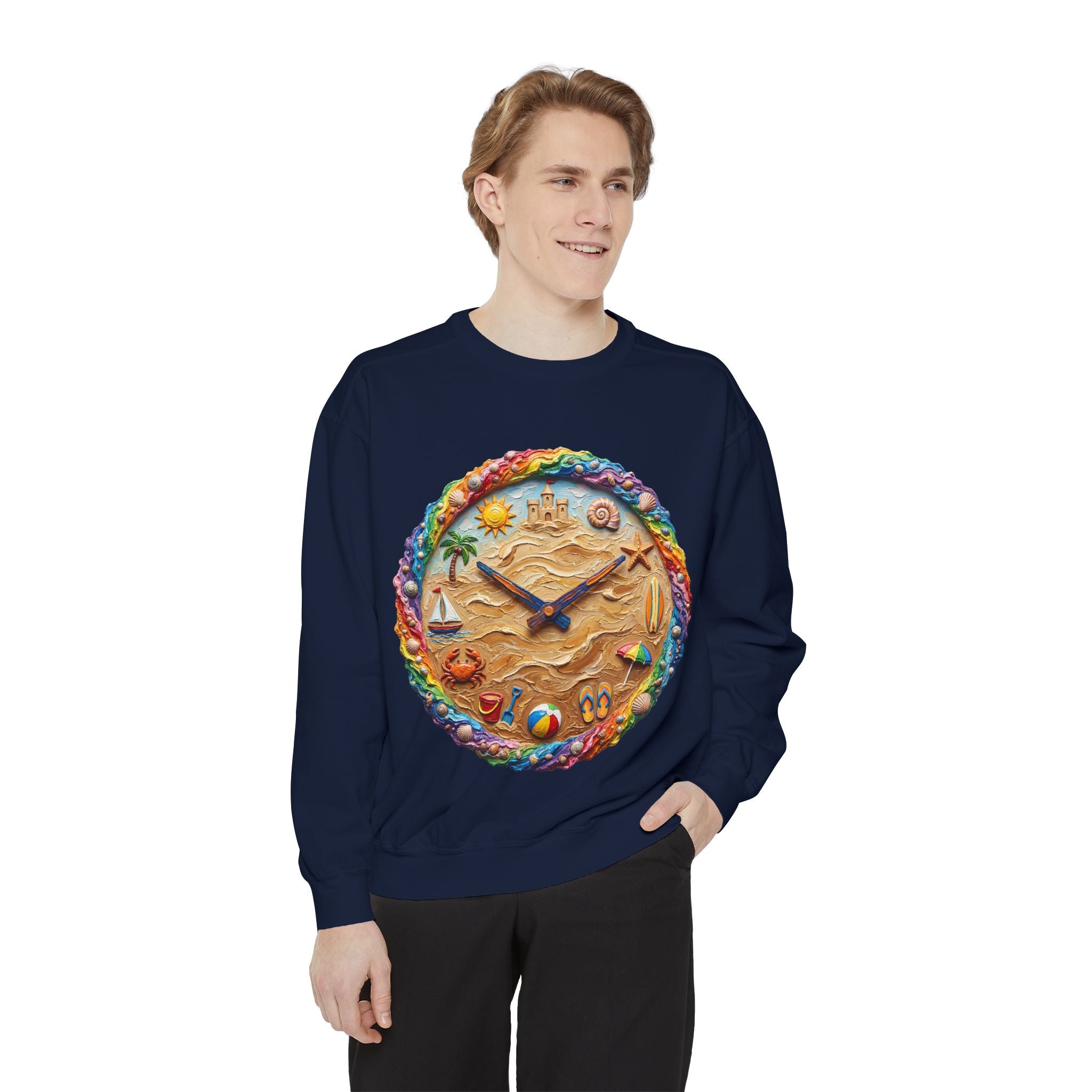 Beach Clock Shirt, Dreamy Coastal Art Tee, Surreal Beach Lover Gift, Summer Ocean Sweatshirt