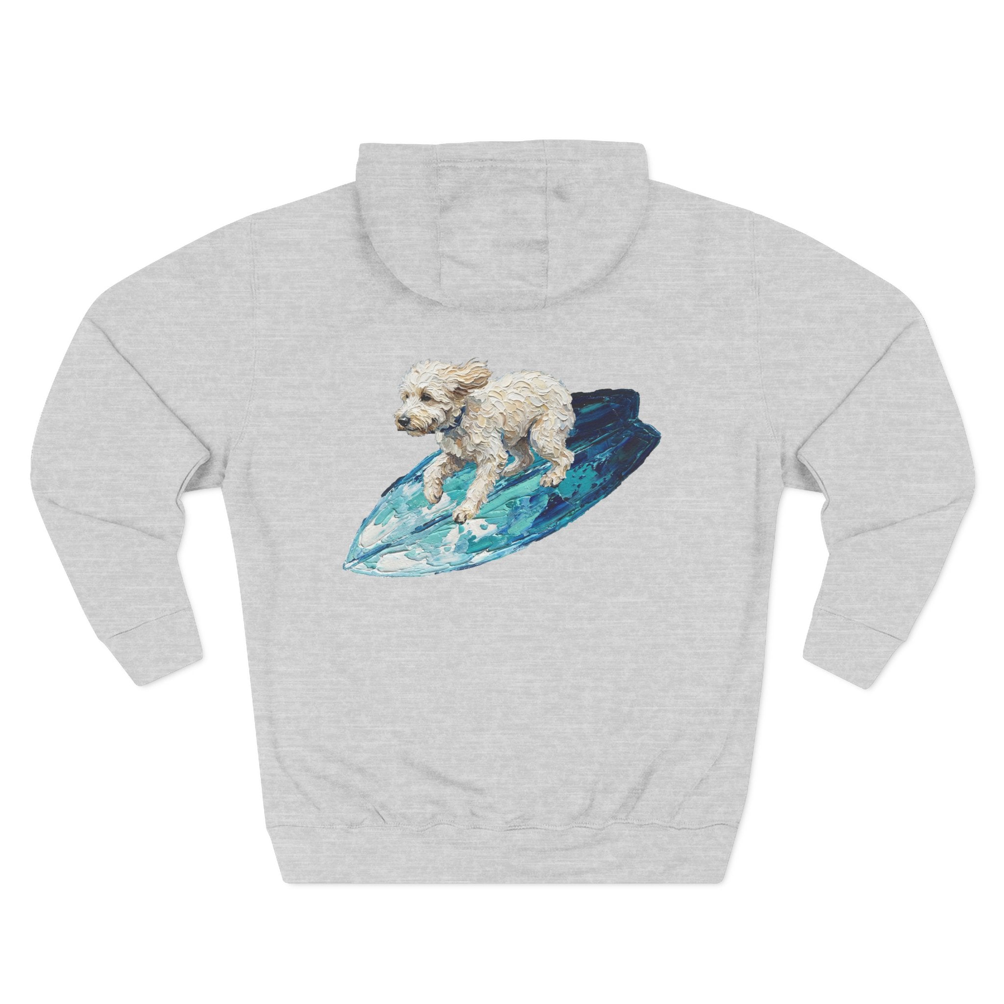 Surf Dog Hoodie — Cute White Dog Riding a Blue Surfboard Pullover