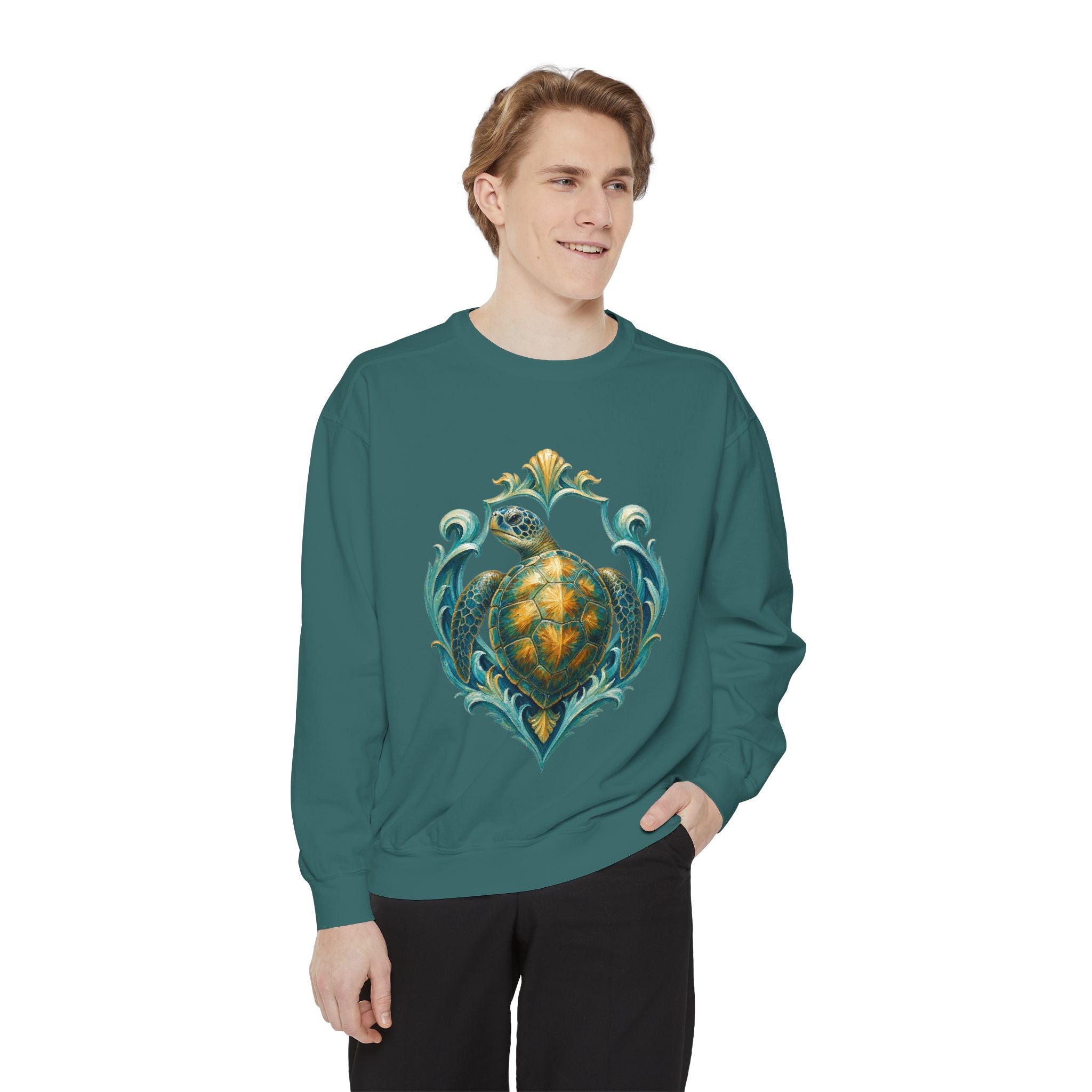 Sea Turtle Long Sleeve Sun Shirt, Painterly Turtle Crest Swim Tee, Beach Ocean Lover Gift, Coastal Swim Sweatshirt