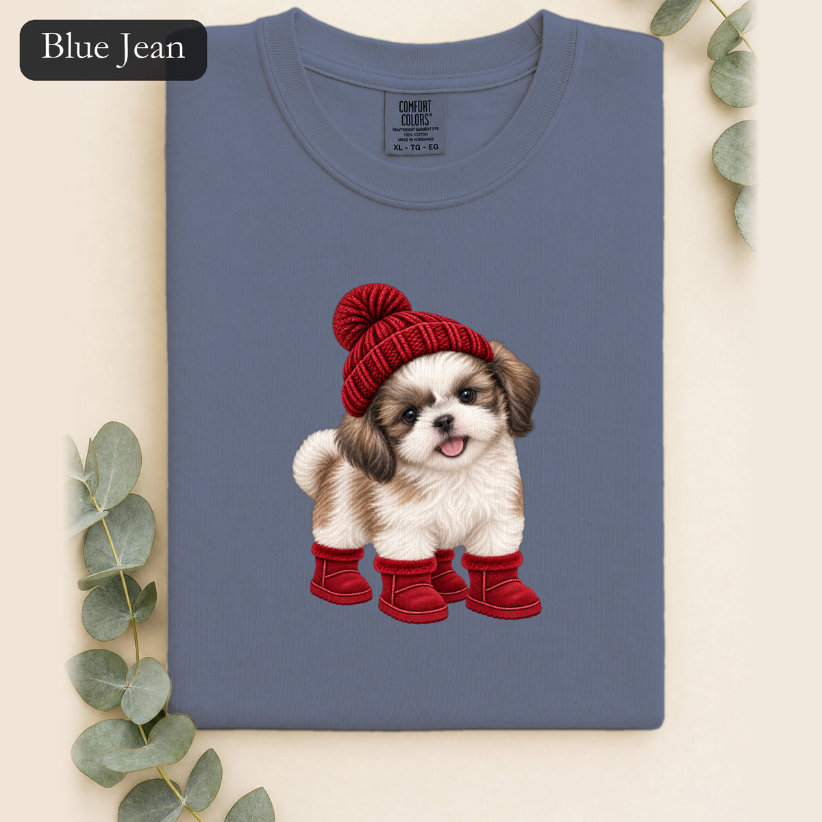Shih Tzu Puppy in Red Beanie & Boots Shirt | Cute Dog Tee