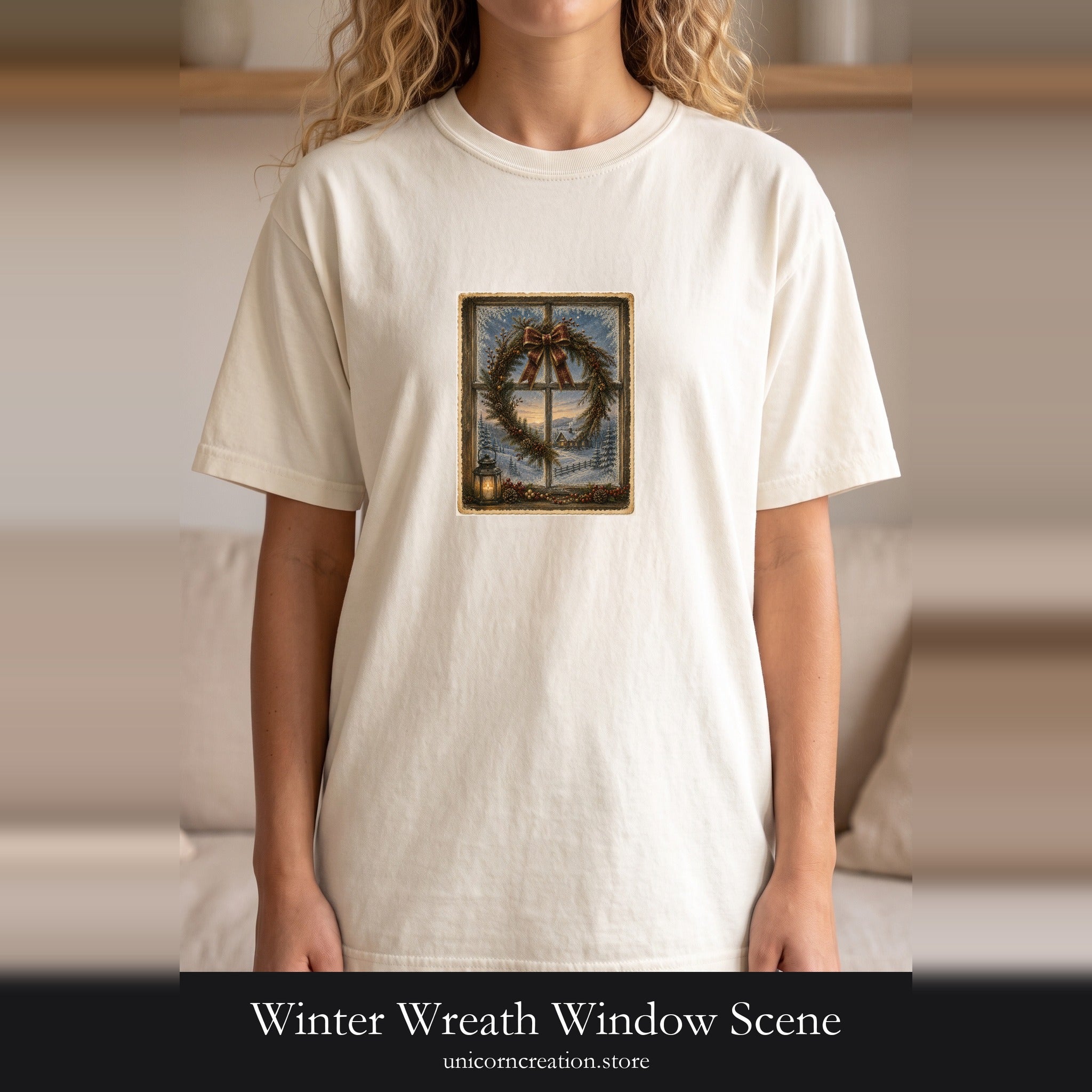 Winter Wreath Window Scene Shirt | Vintage Holiday Postcard