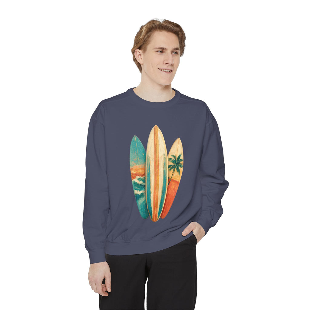 Vintage Surfboard Quarter Zip, Painterly Surf Art Pullover, Beach Coastal Surfer Gift, Summer Ocean Sweatshirt