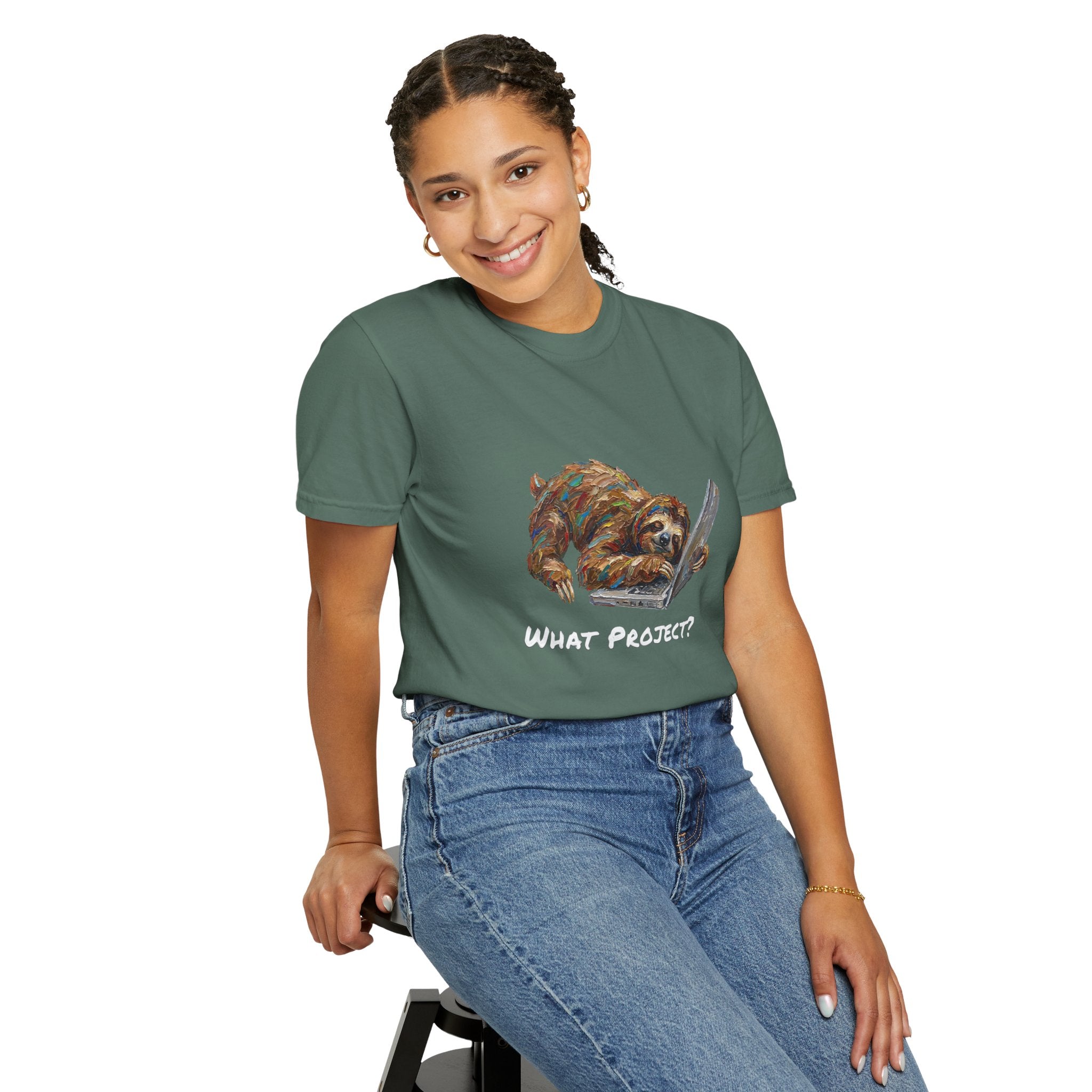 Sloth With Laptop T-Shirt — What Project? Funny Procrastination Tee