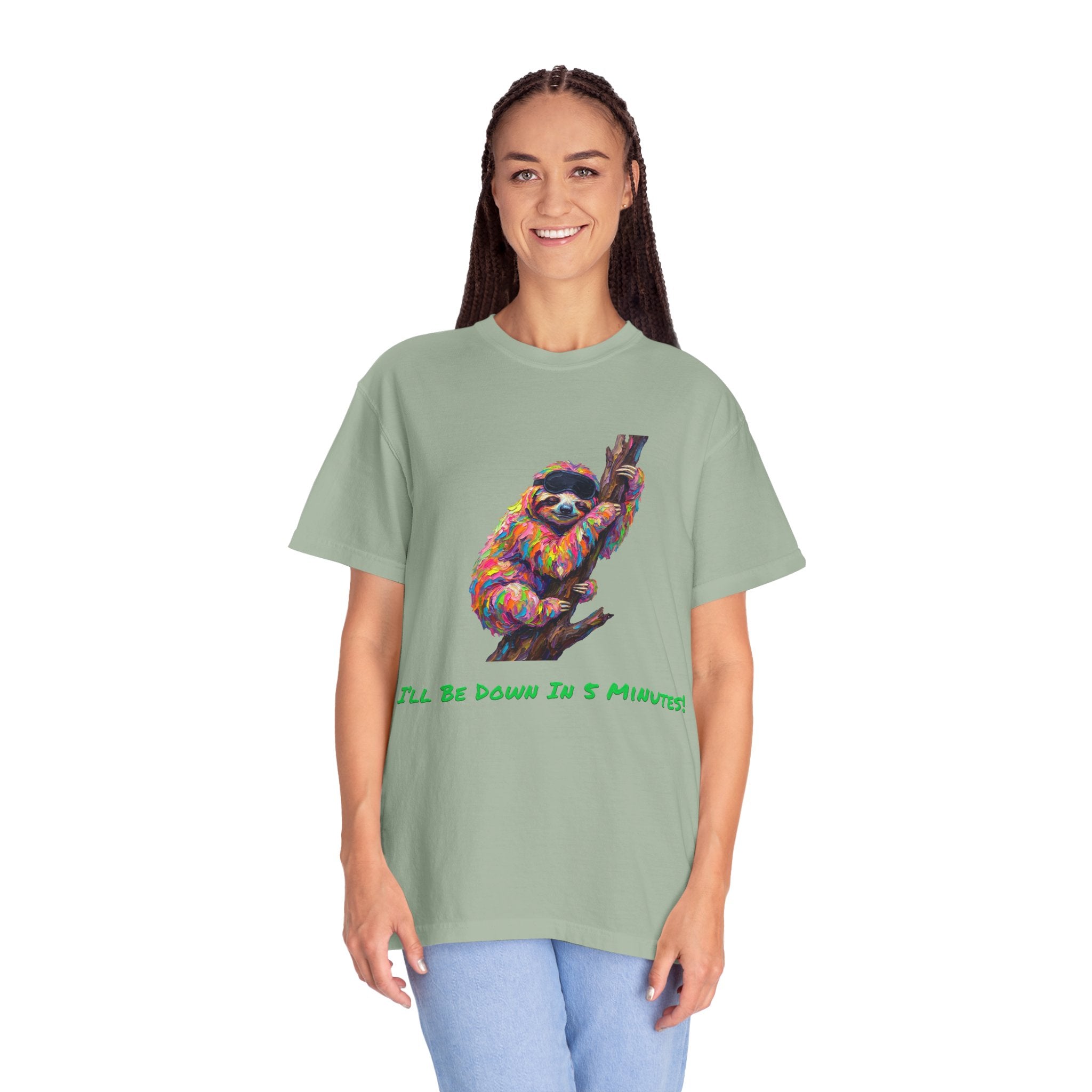 Sloth T-Shirt — I'll Be Down in 5 Minutes, Funny Lazy Tee