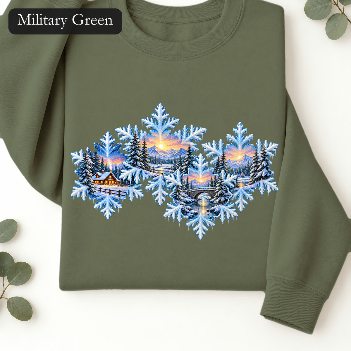 Snowflake Scenic Sunset Crewneck Sweatshirt | Winter Lake Landscape