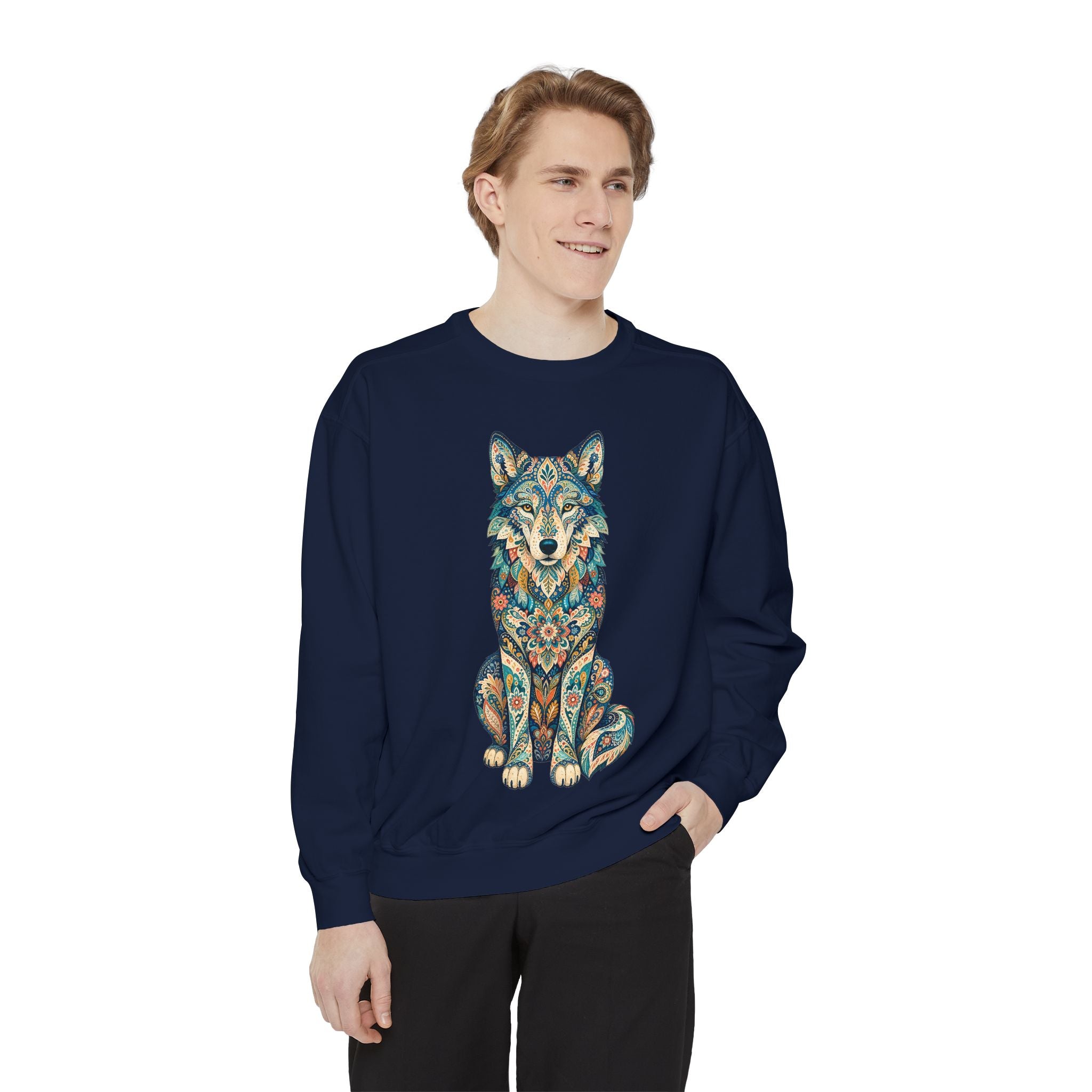 Boho Wolf Shirt, Folk Art Wolf Tee, Japanese Pattern Wolf Lover Gift, Vintage Floral Wolf Sweatshirt