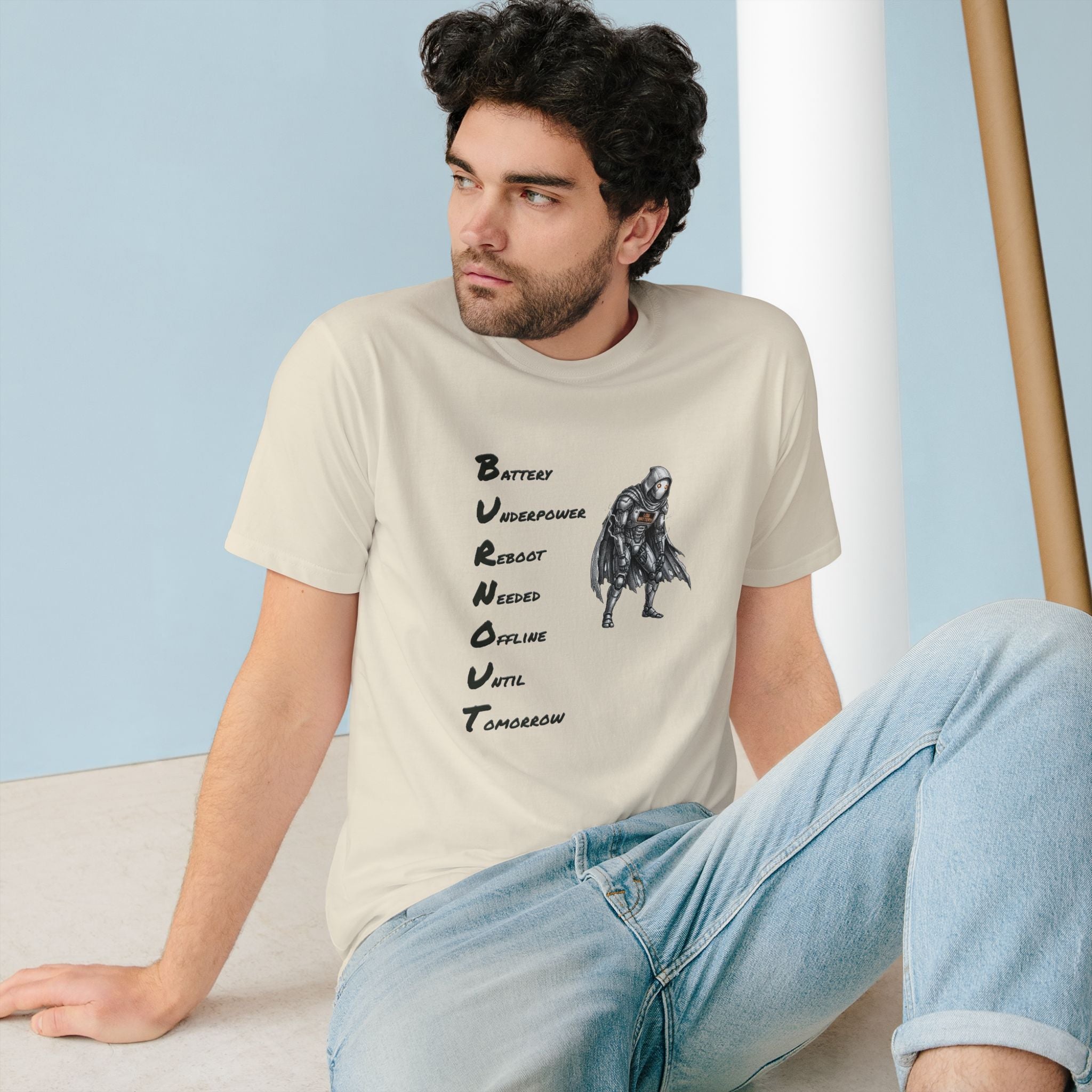 Organic Cotton Burnout Robot T-Shirt — Low Battery Office Tee