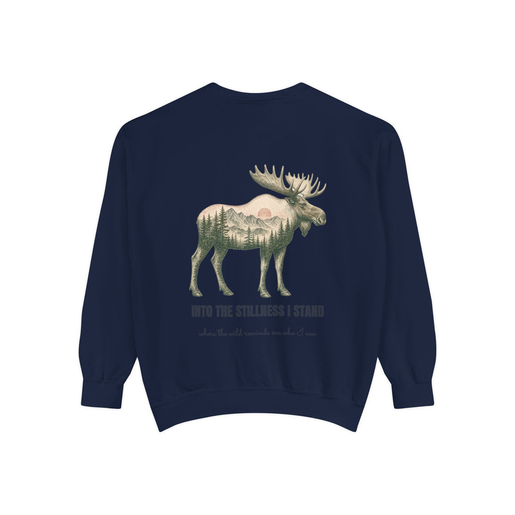 Into the Stillness I Stand Shirt, Moose Double Exposure Tee, Mountain Wilderness Camping Gift, Woodland Nature Sweatshirt