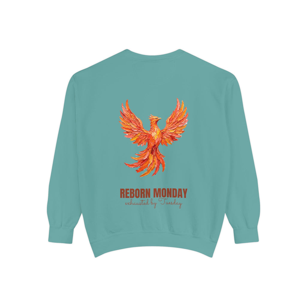Reborn Monday Exhausted by Tuesday Shirt, Funny Phoenix Tee, Work Week Humor Gift, Painterly Fantasy Sweatshirt
