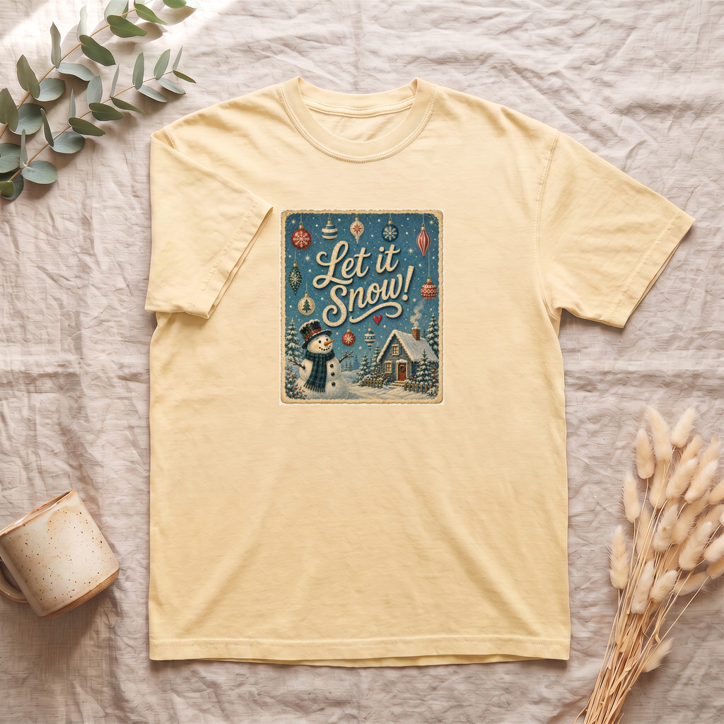 Let It Snow snowman cabin scene Shirt | vintage holiday winter design