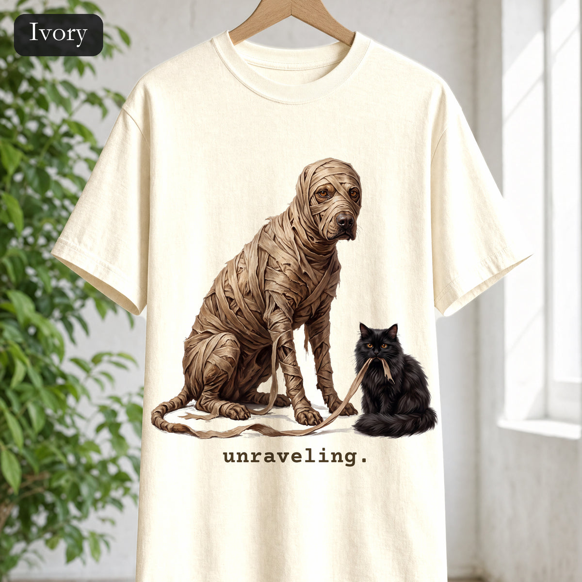Unraveling Mummy & Cat Shirt, Funny Halloween Mummy Tee, Cozy Deadpan Spooky Tee, Black Cat Lover Gift