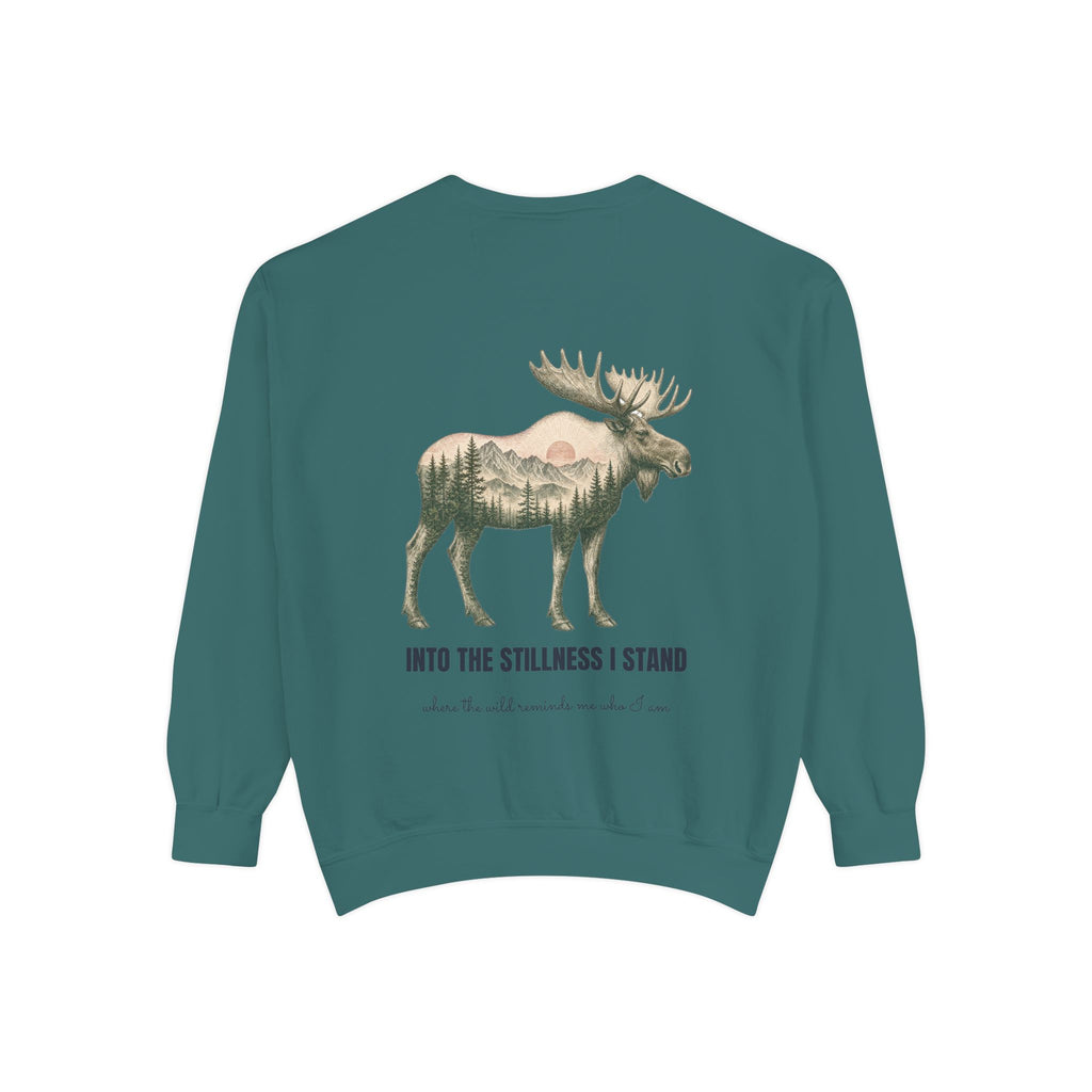 Into the Stillness I Stand Shirt, Moose Double Exposure Tee, Mountain Wilderness Camping Gift, Woodland Nature Sweatshirt