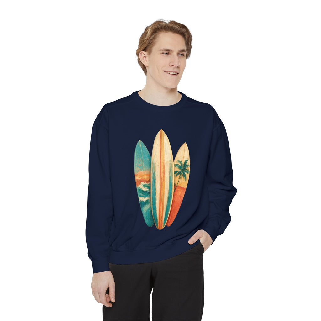 Vintage Surfboard Quarter Zip, Painterly Surf Art Pullover, Beach Coastal Surfer Gift, Summer Ocean Sweatshirt