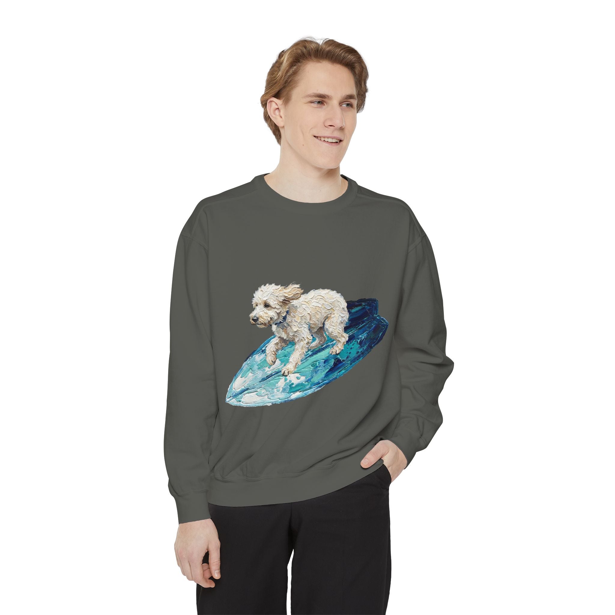 Surfing Dog Shirt, Painterly Surf Dog Tee, Beach Coastal Dog Lover Gift, Summer Ocean Dog Mom Sweatshirt