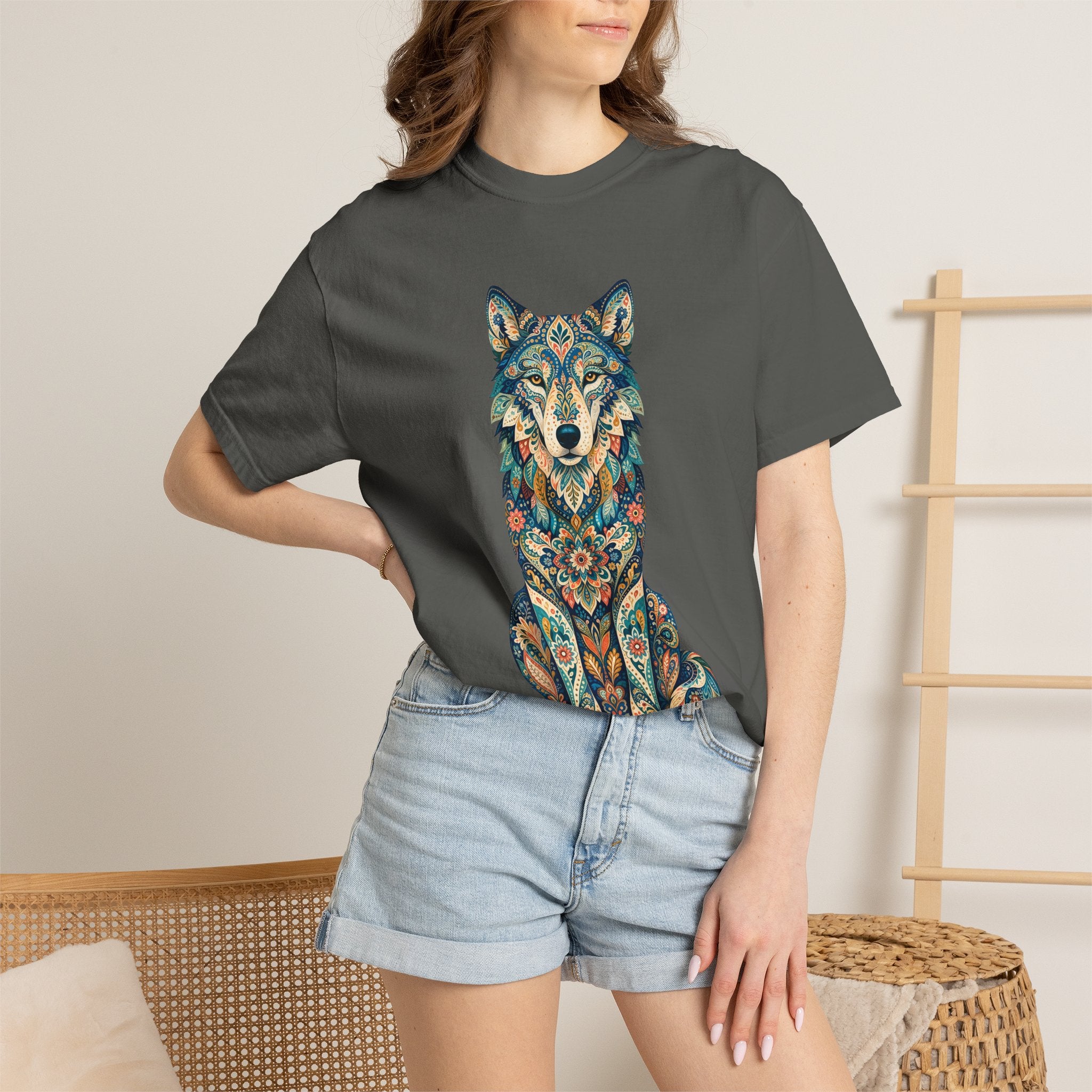 Boho Wolf Shirt, Folk Art Wolf Tee, Japanese Pattern Wolf Lover Gift, Vintage Floral Wolf Sweatshirt