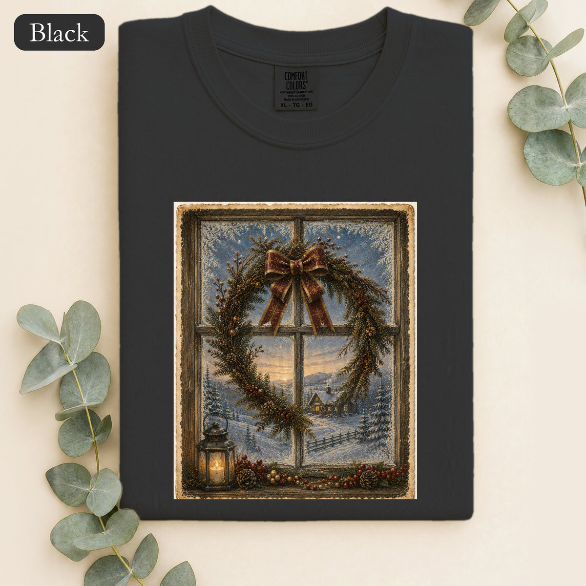 Winter Wreath Window Scene Shirt | Vintage Holiday Postcard