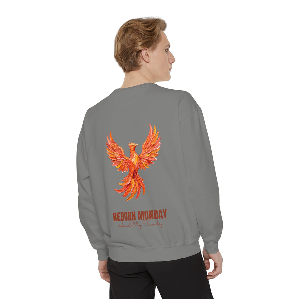 Reborn Monday Exhausted by Tuesday Shirt, Funny Phoenix Tee, Work Week Humor Gift, Painterly Fantasy Sweatshirt