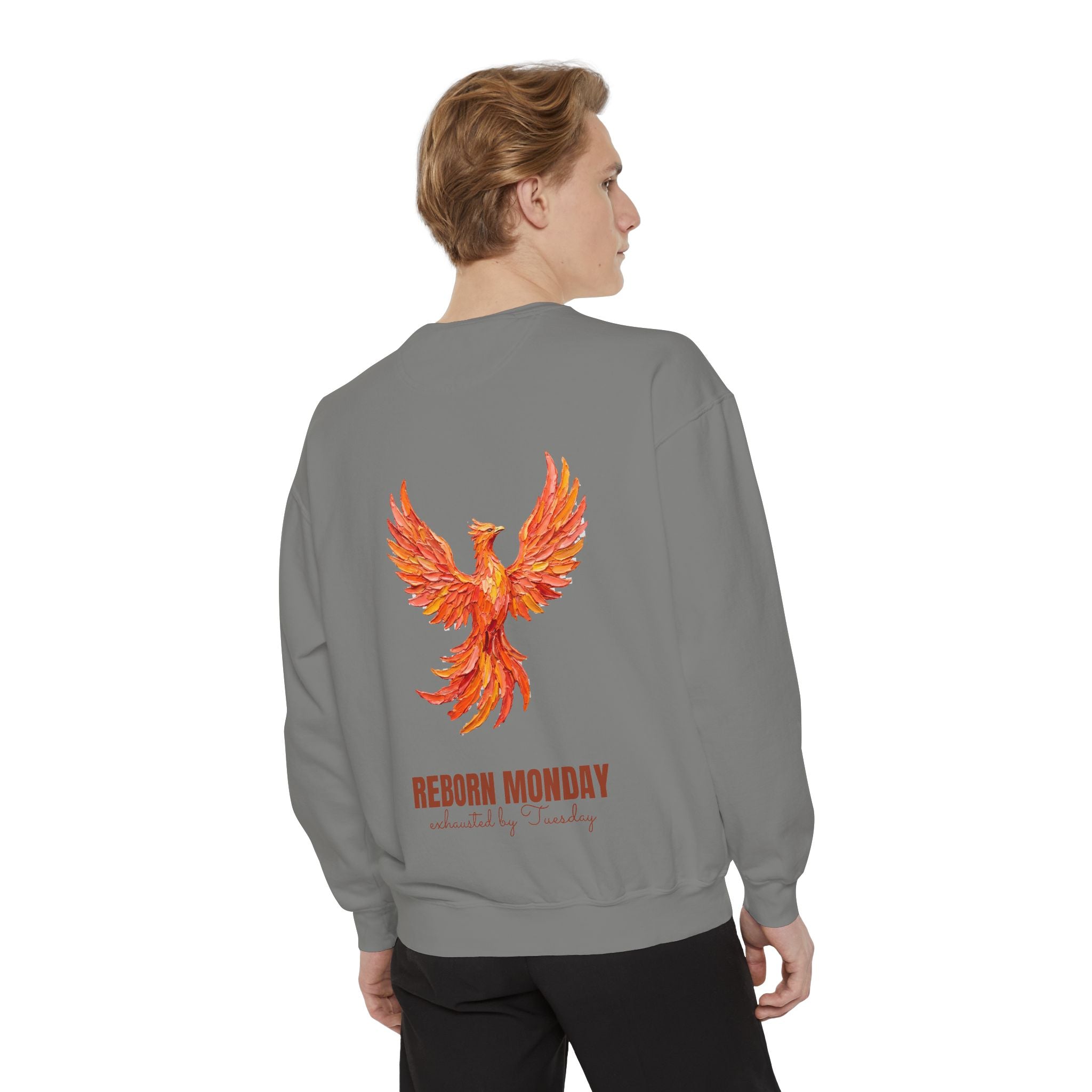 Reborn Monday Exhausted by Tuesday Shirt, Funny Phoenix Tee, Work Week Humor Gift, Painterly Fantasy Sweatshirt