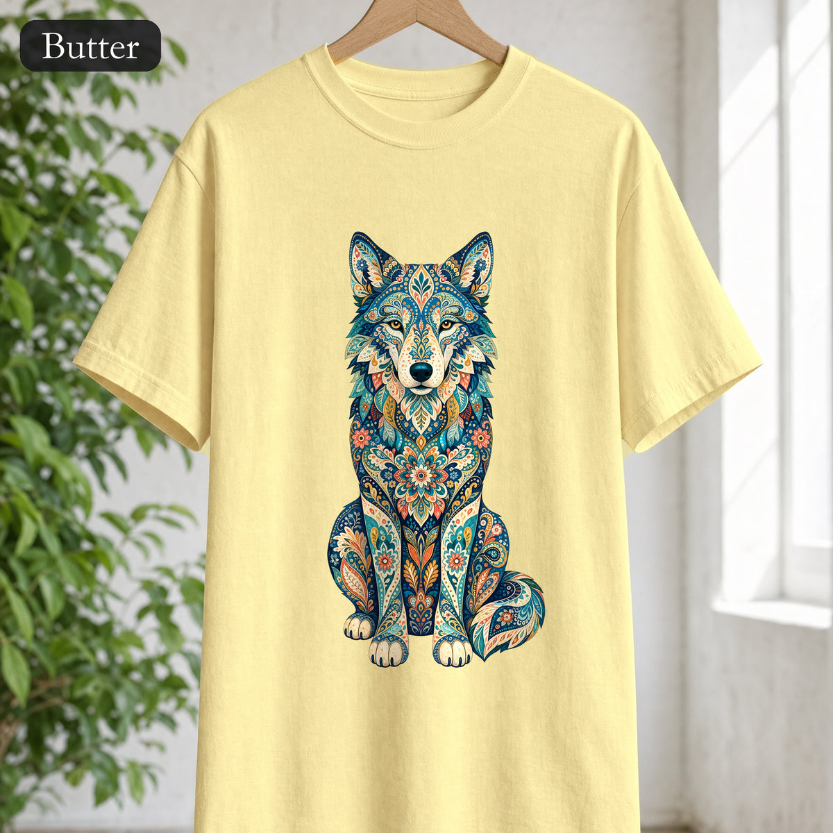 Boho Wolf Shirt, Folk Art Wolf Tee, Japanese Pattern Wolf Lover Gift, Vintage Floral Wolf Sweatshirt