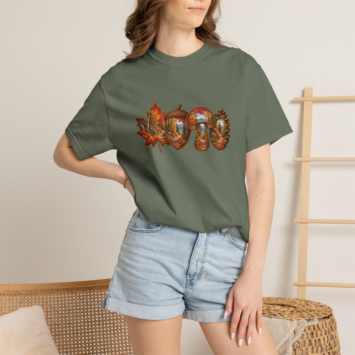 Autumn Lake Scene on Maple Leaves Shirt | Fall Landscape Tee