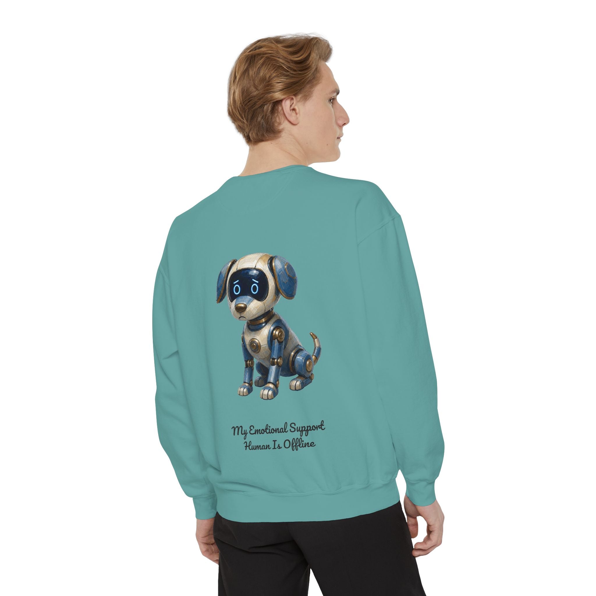 Robot Dog Emotional Support Human Offline Shirt, Funny AI Dog Tee, Tech Programmer Gift, Sci-Fi Humor Sweatshirt
