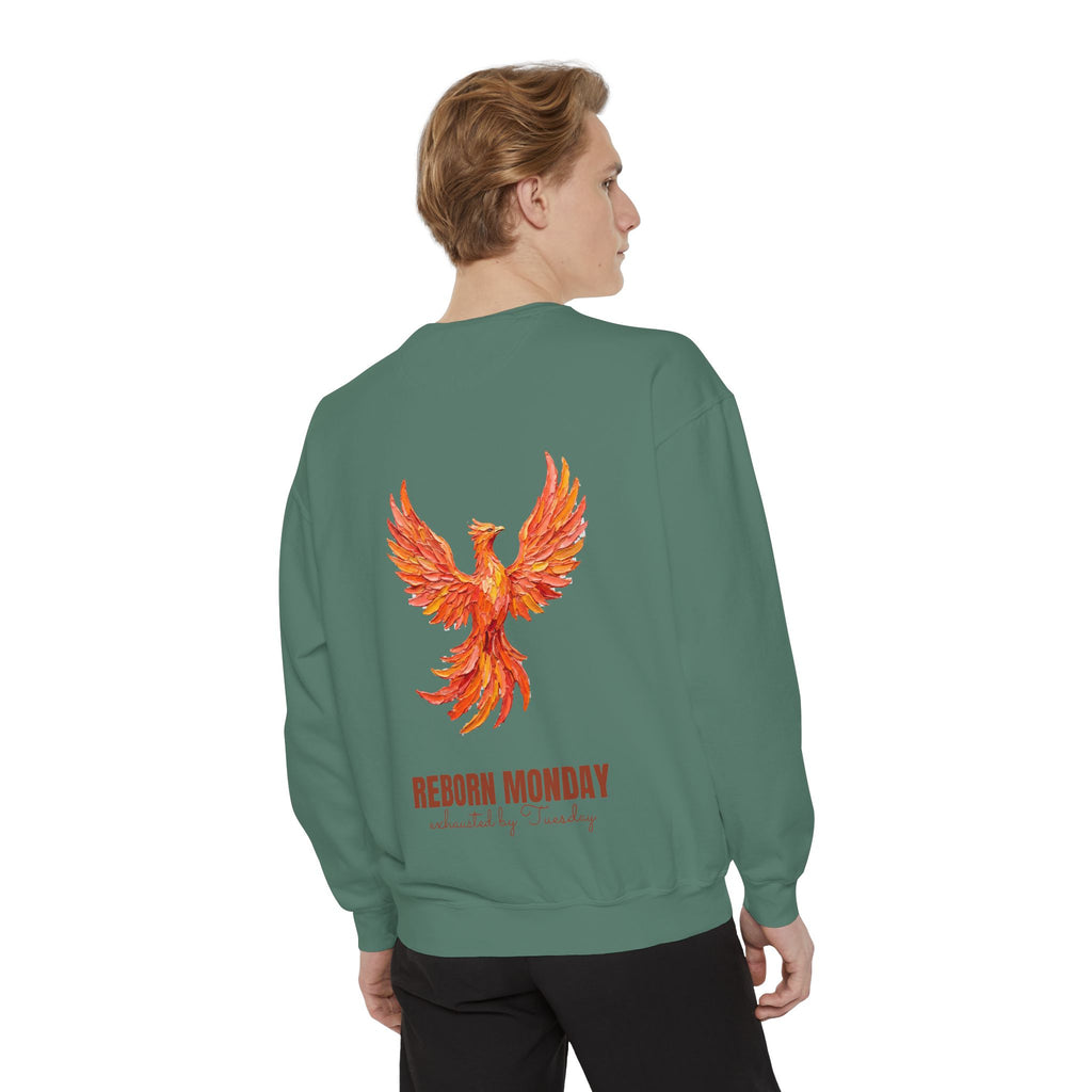 Reborn Monday Exhausted by Tuesday Shirt, Funny Phoenix Tee, Work Week Humor Gift, Painterly Fantasy Sweatshirt
