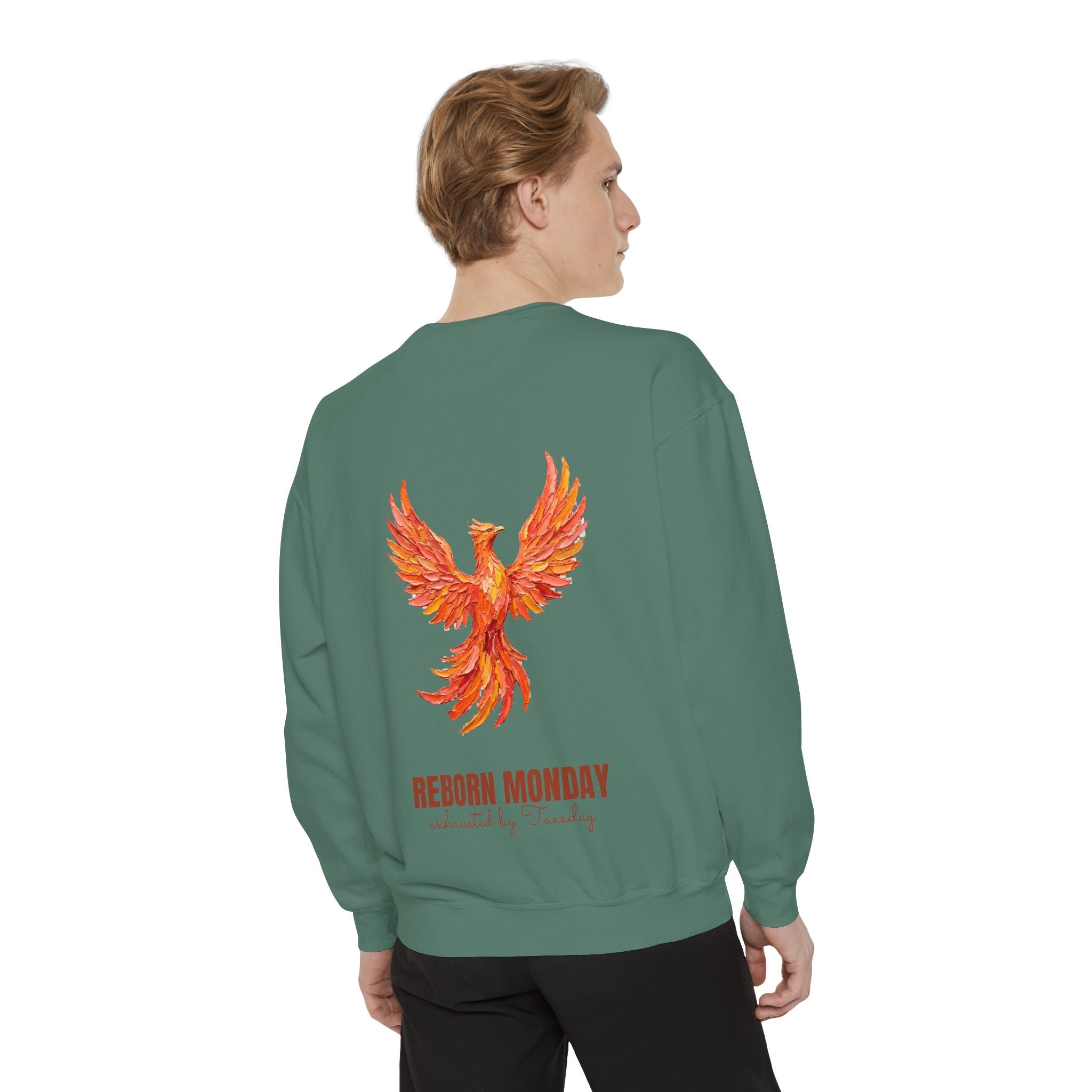 Reborn Monday Exhausted by Tuesday Shirt, Funny Phoenix Tee, Work Week Humor Gift, Painterly Fantasy Sweatshirt