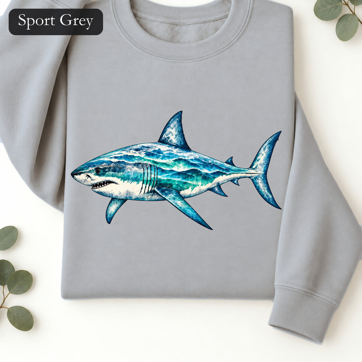 Blue Watercolor Shark Crewneck Sweatshirt | Ocean Fish Illustration