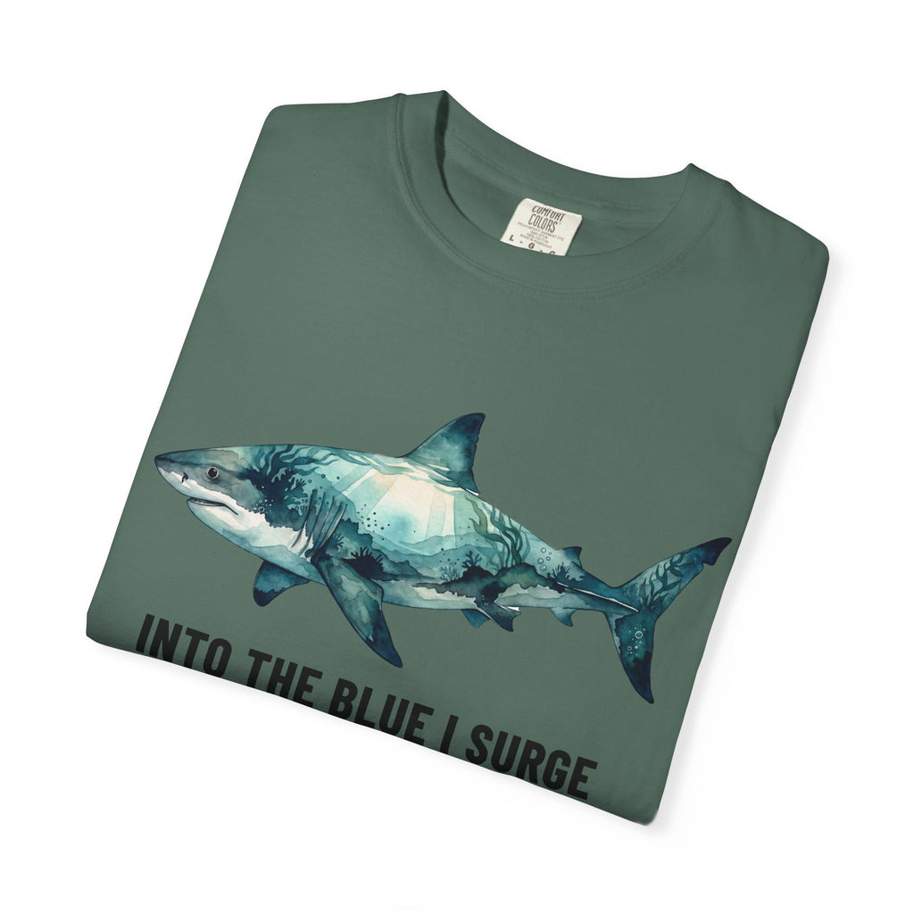 Shark Graphic Tee — "Into the Blue I Surge" Ocean Adventure T-Shirt