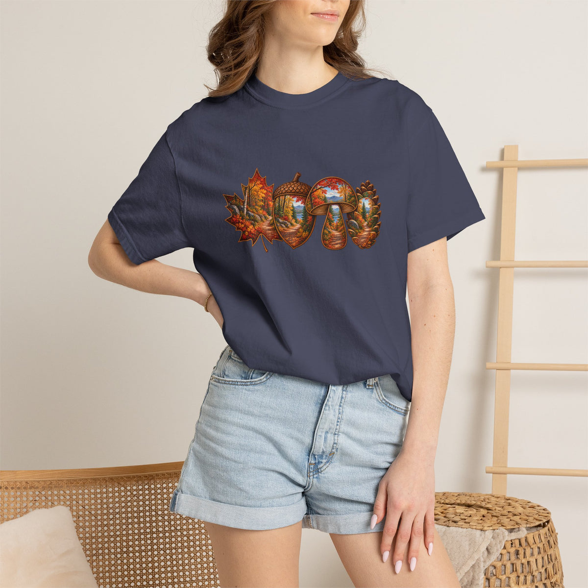 Autumn Lake Scene on Maple Leaves Shirt | Fall Landscape Tee