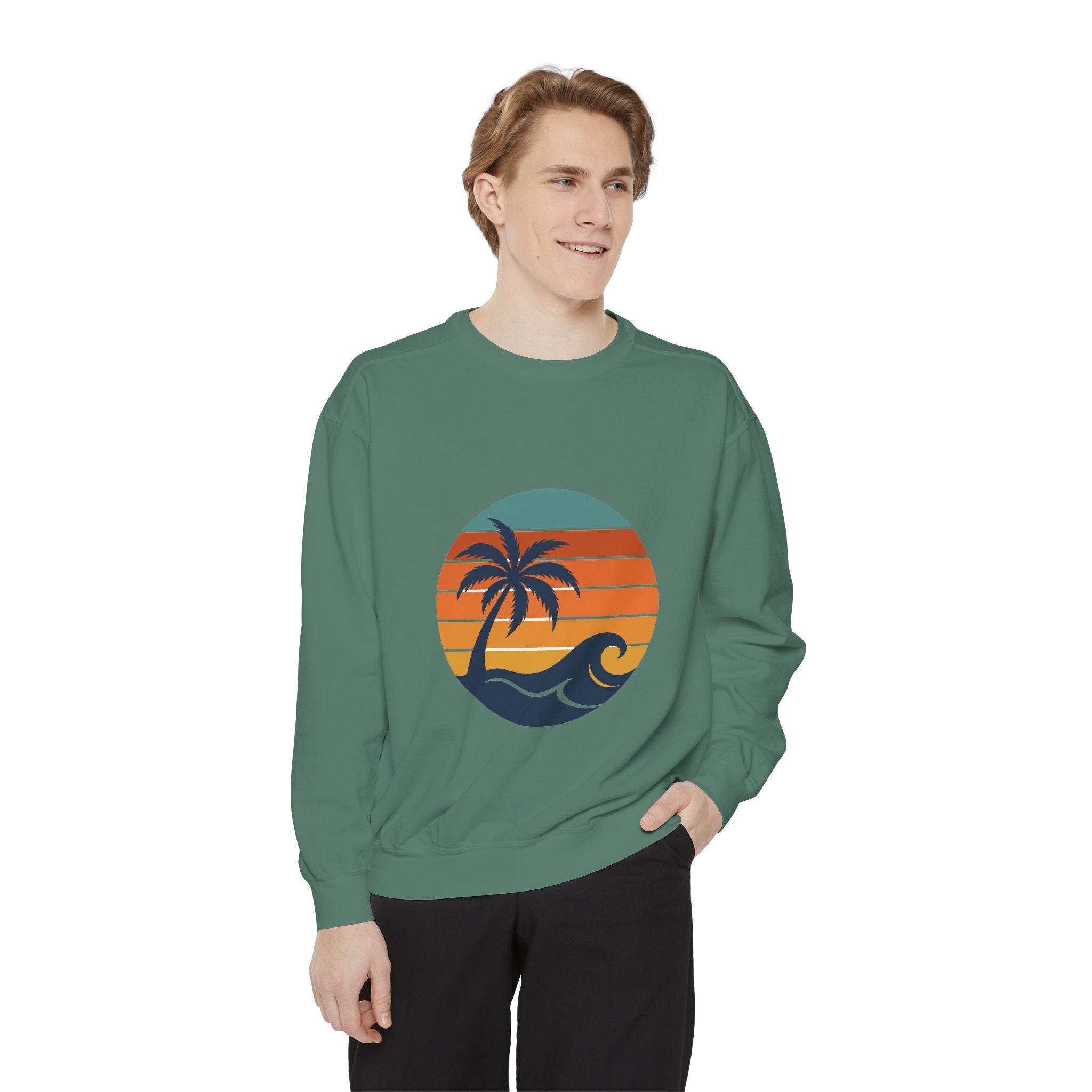 Retro Sunset Beach Shirt, Vintage Palm Tee, Ocean Surf Gift, 70s Coastal Landscape Sweatshirt