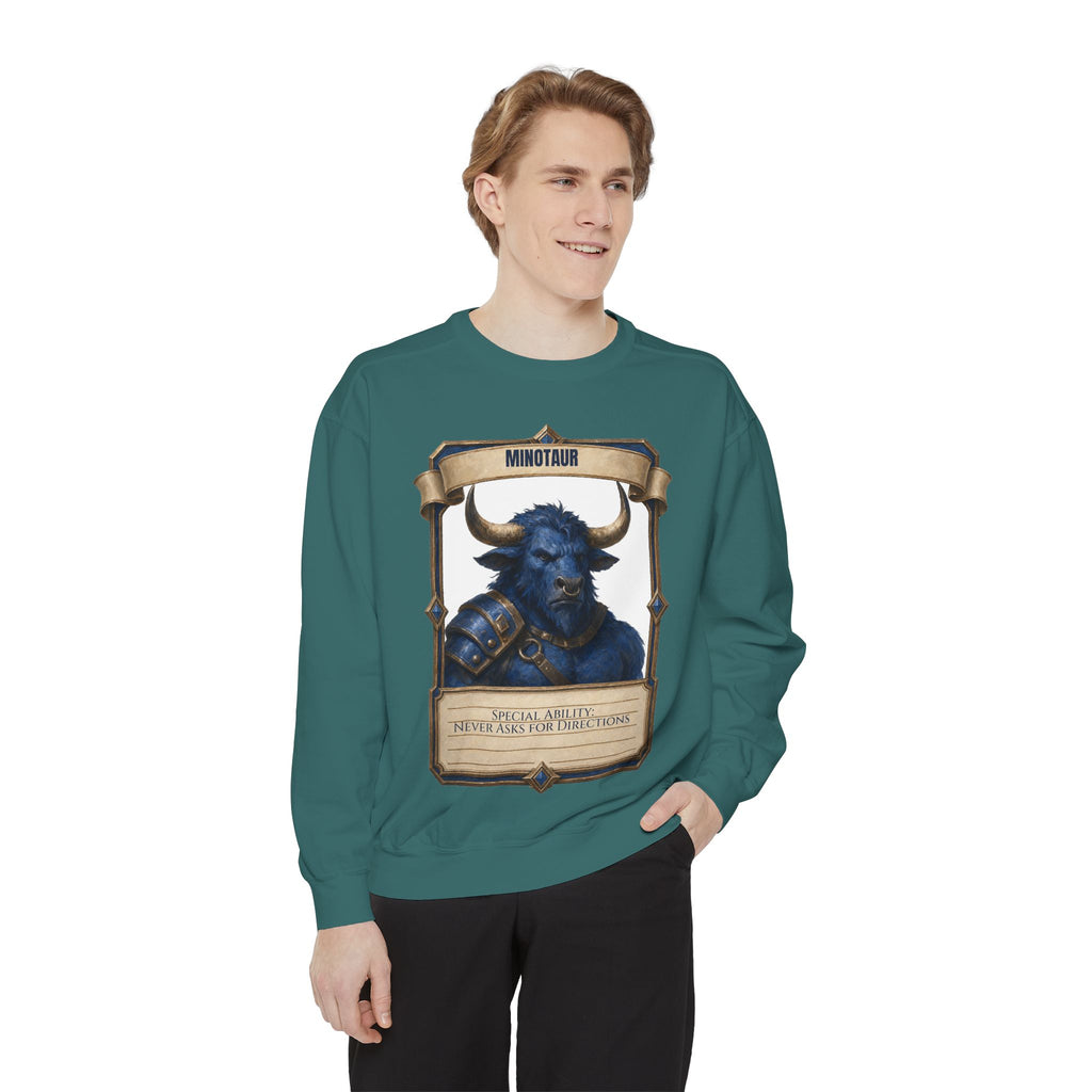 Minotaur Never Asks for Directions Shirt, Funny RPG Stat Card Tee, Tabletop Gamer D20 Gift, Fantasy Dungeon Sweatshirt