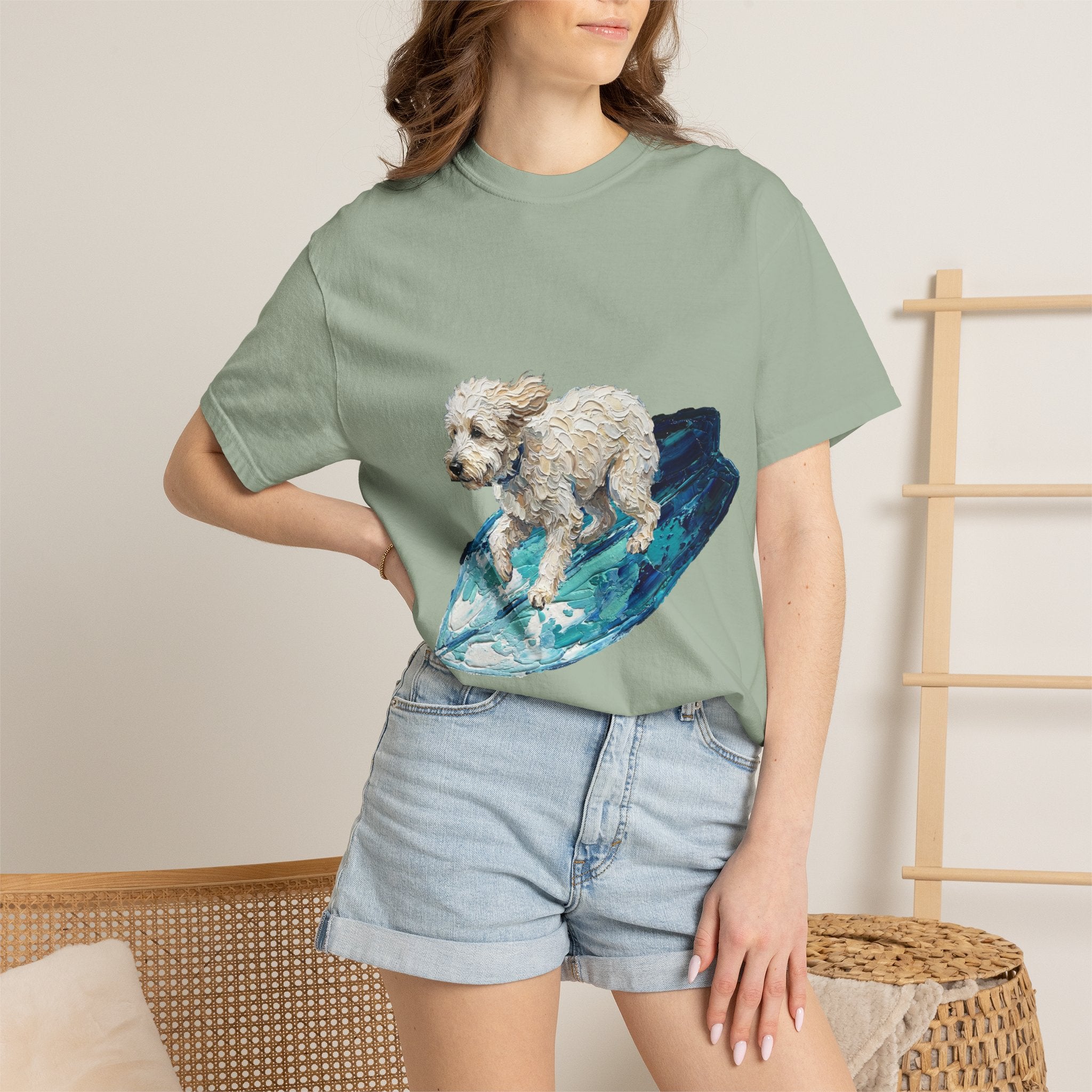 Surfing Dog Shirt, Painterly Surf Dog Tee, Beach Coastal Dog Lover Gift, Summer Ocean Dog Mom Sweatshirt
